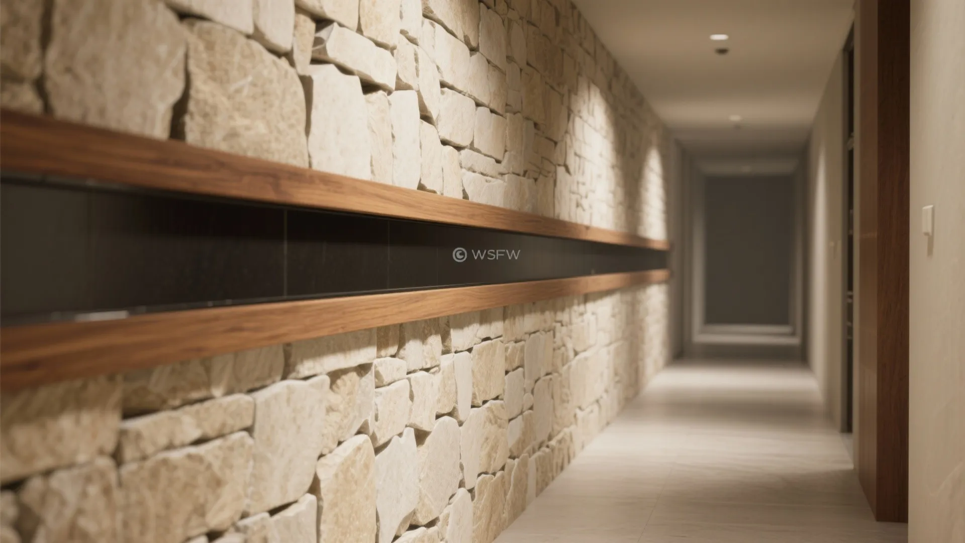Long hallway with light stone wall featuring a dark horizontal stripe and wooden trim detail