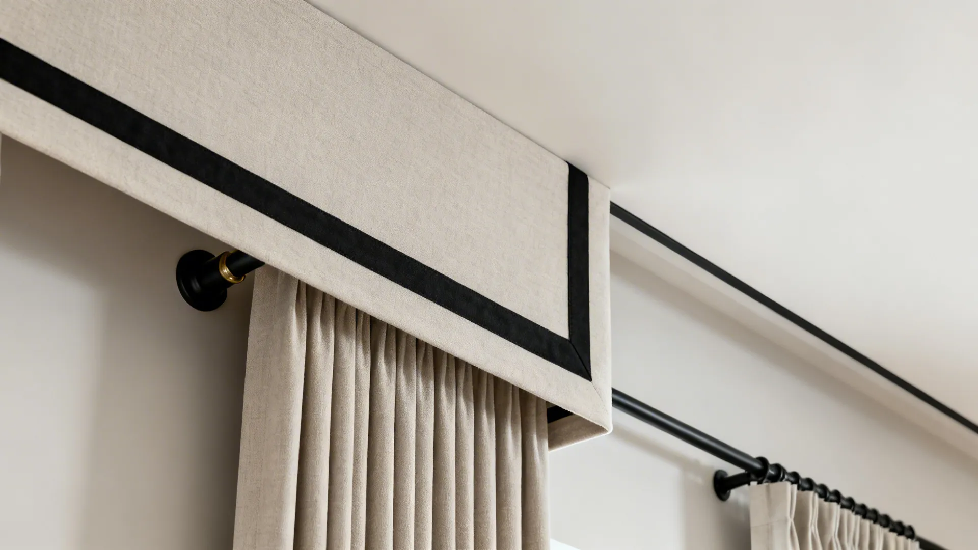 Close up of a cream fabric curtain with black border hanging on a black metal rod