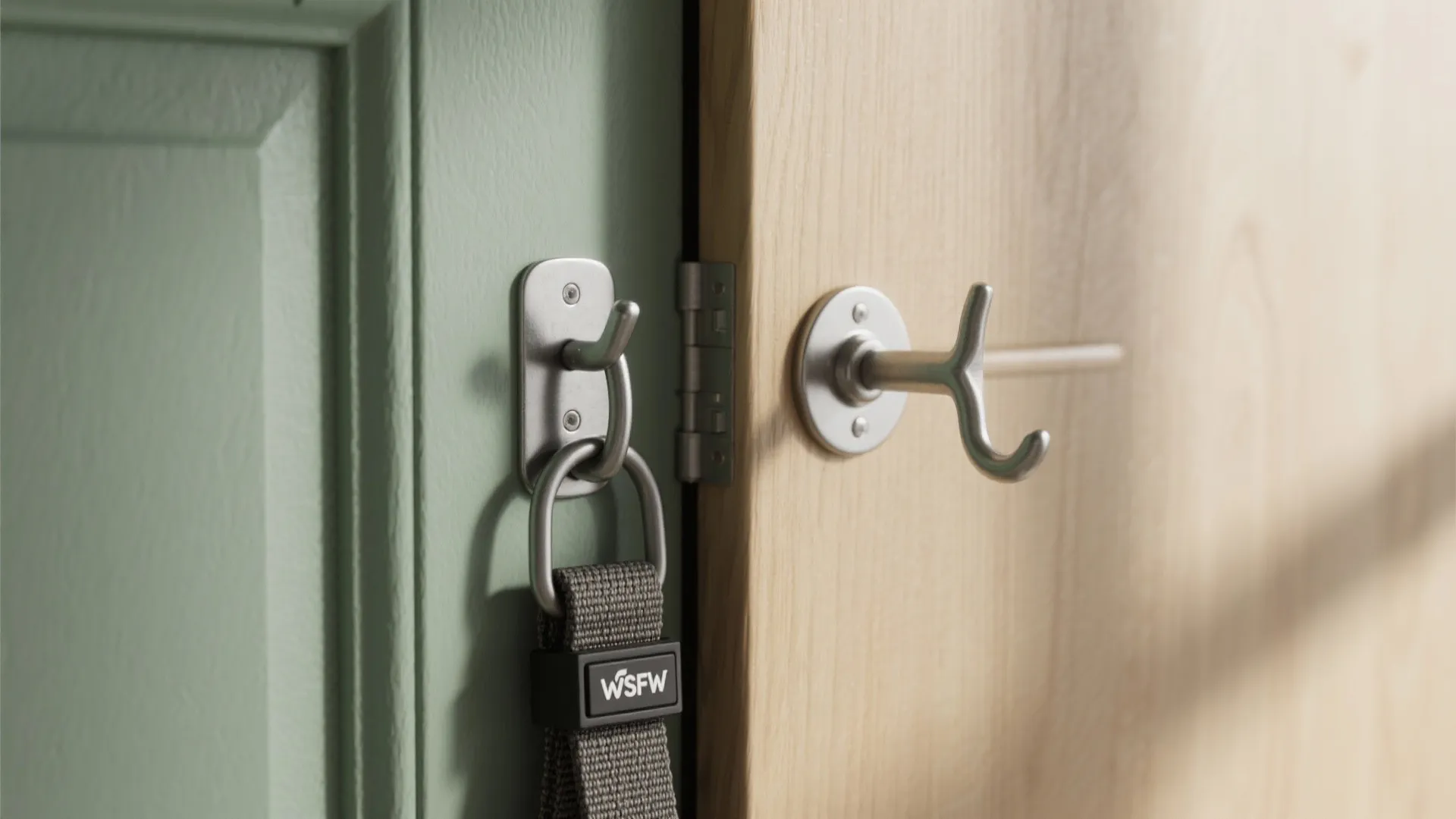 Close-up of a discreet wall anchor and folded suspension trainer hidden behind a closet door in a studio apartment.