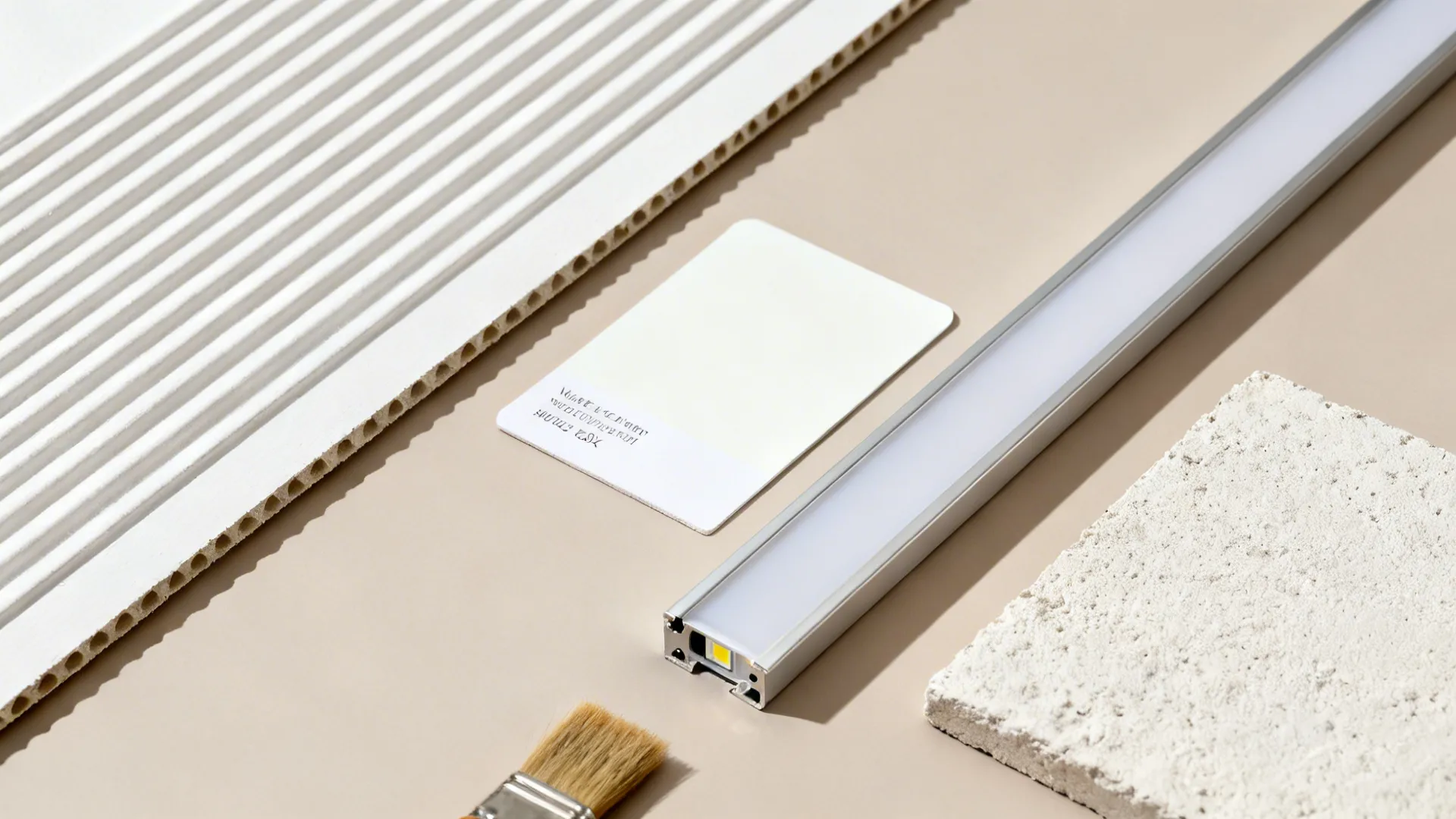 Collection of interior design materials including white wall panel color card light fixture and stone