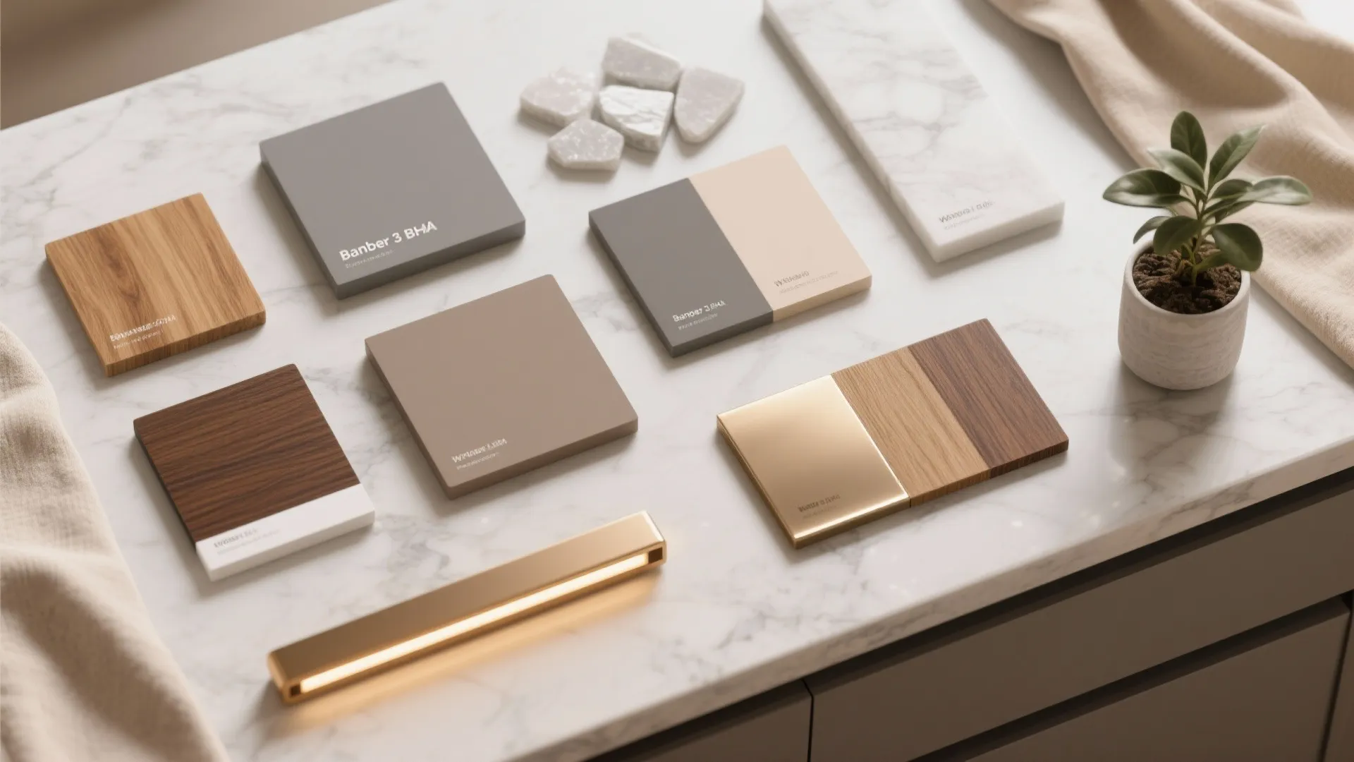 Interior design material samples with wood and stone tiles placed on a white marble surface