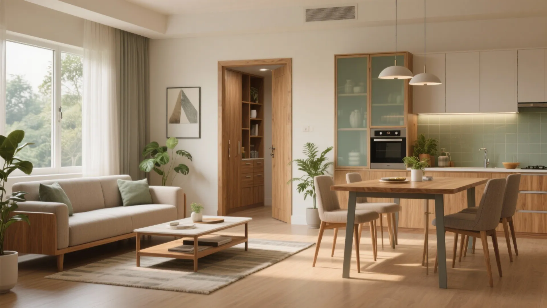 Modern open living room with beige sofa dining table wooden furniture and green kitchen wall tiles