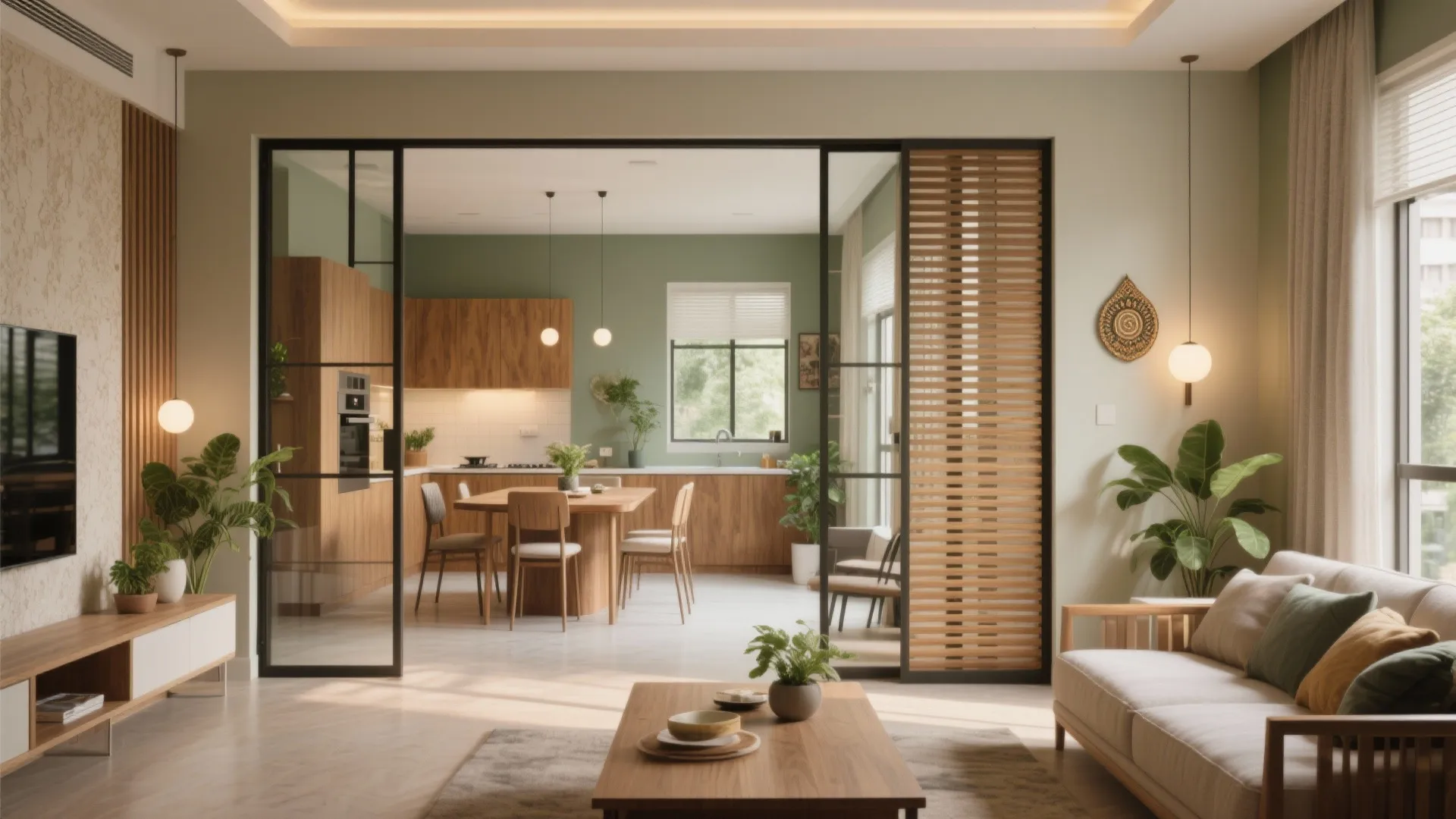 Modern open living room with green walls wood furniture sliding glass doors and cozy white sofa
