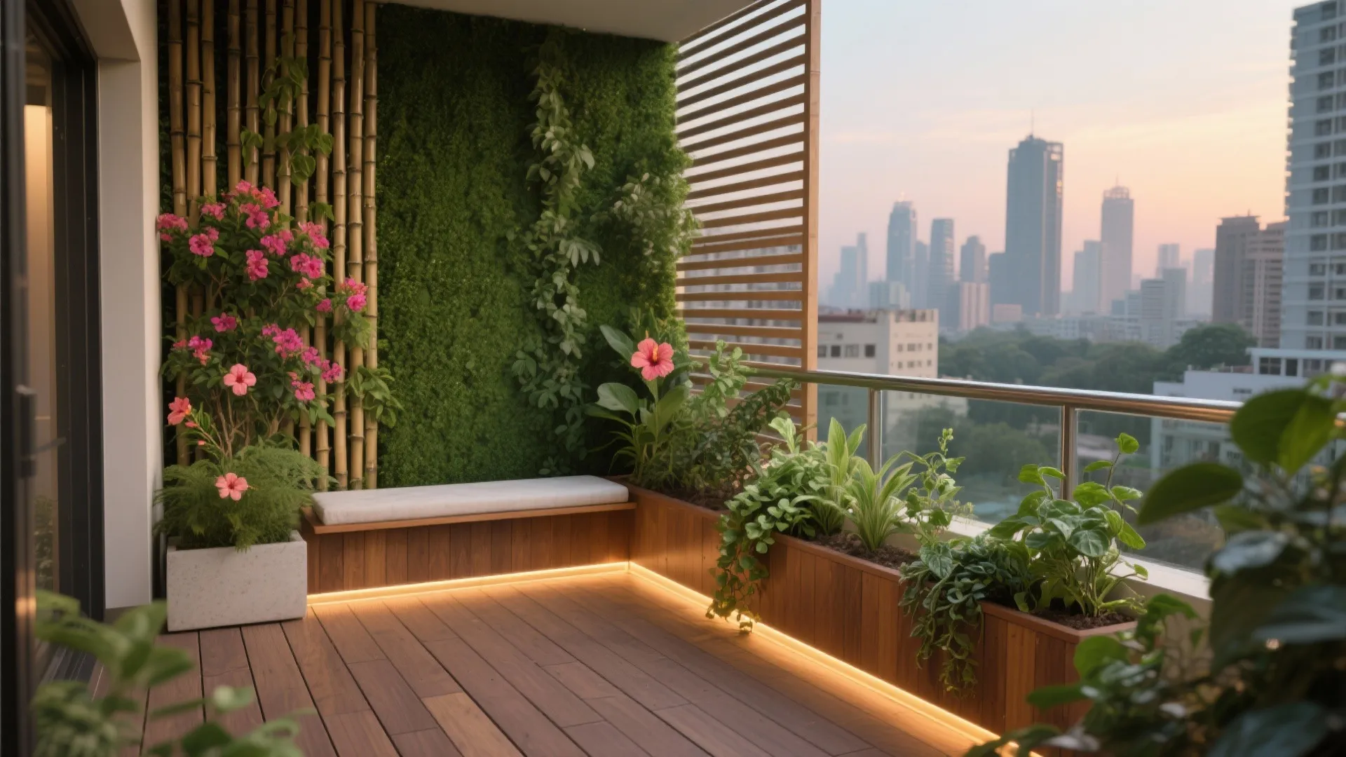Luxury balcony garden with wooden deck green wall pink flowers built in bench and lights