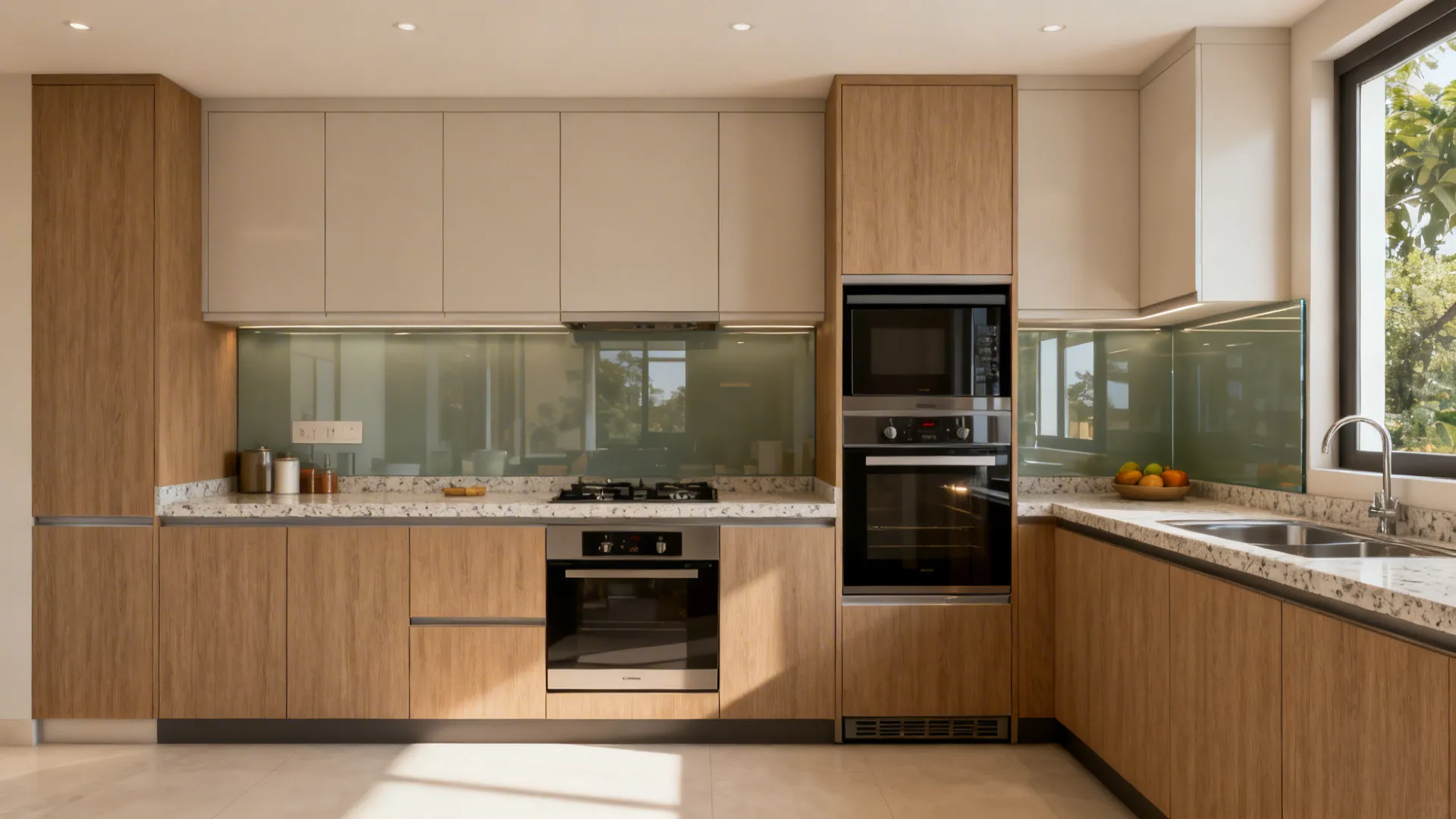 Balanced L-shaped modular kitchen with quartz, glass backsplash, and appliance garage in Bangalore.
