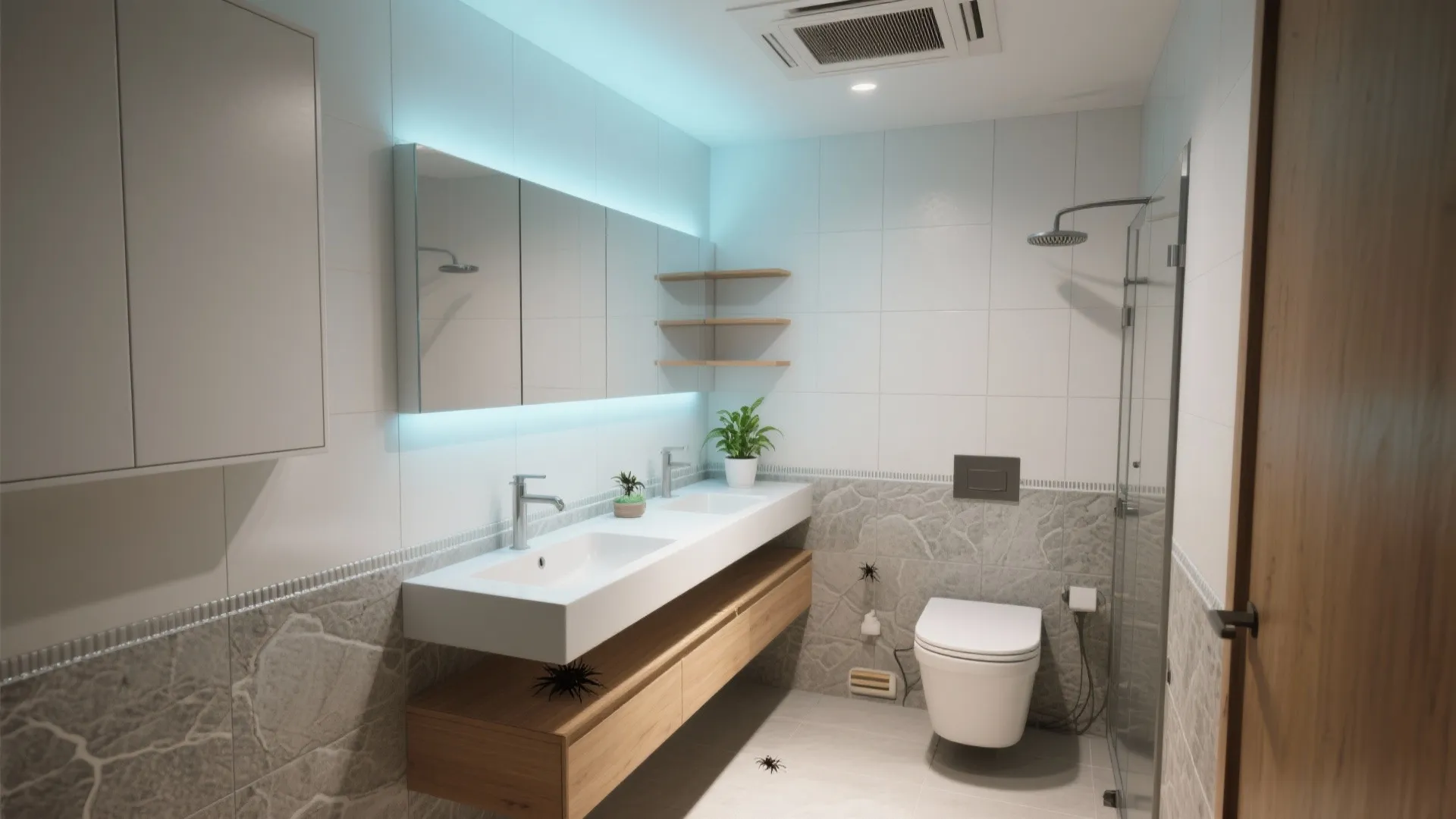 Modern bathroom with double white sinks wood cabinet toilet glass shower door and wall light fixture