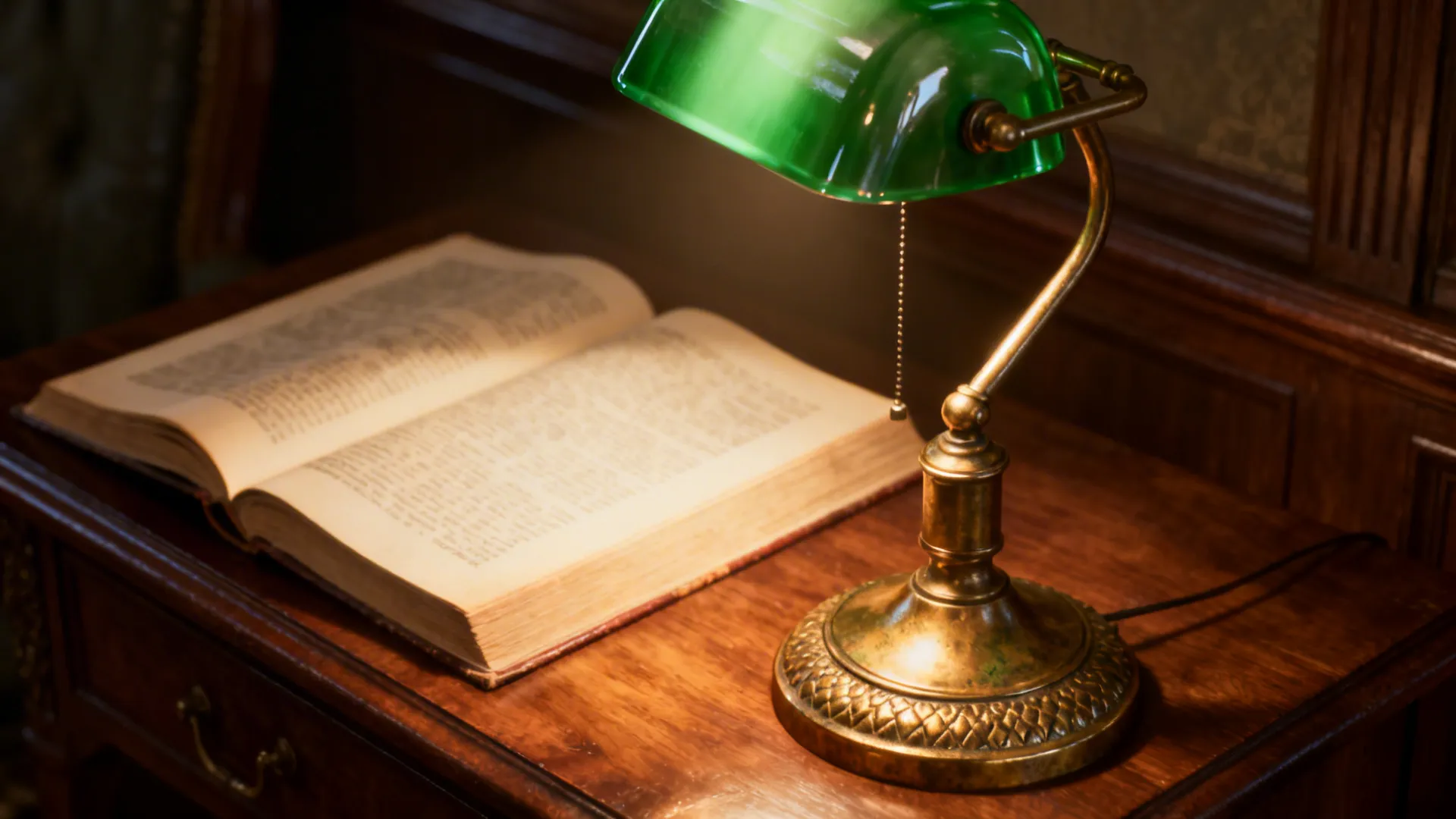 Vintage-inspired banker lamp with green glass shade casting warm light over an open book
