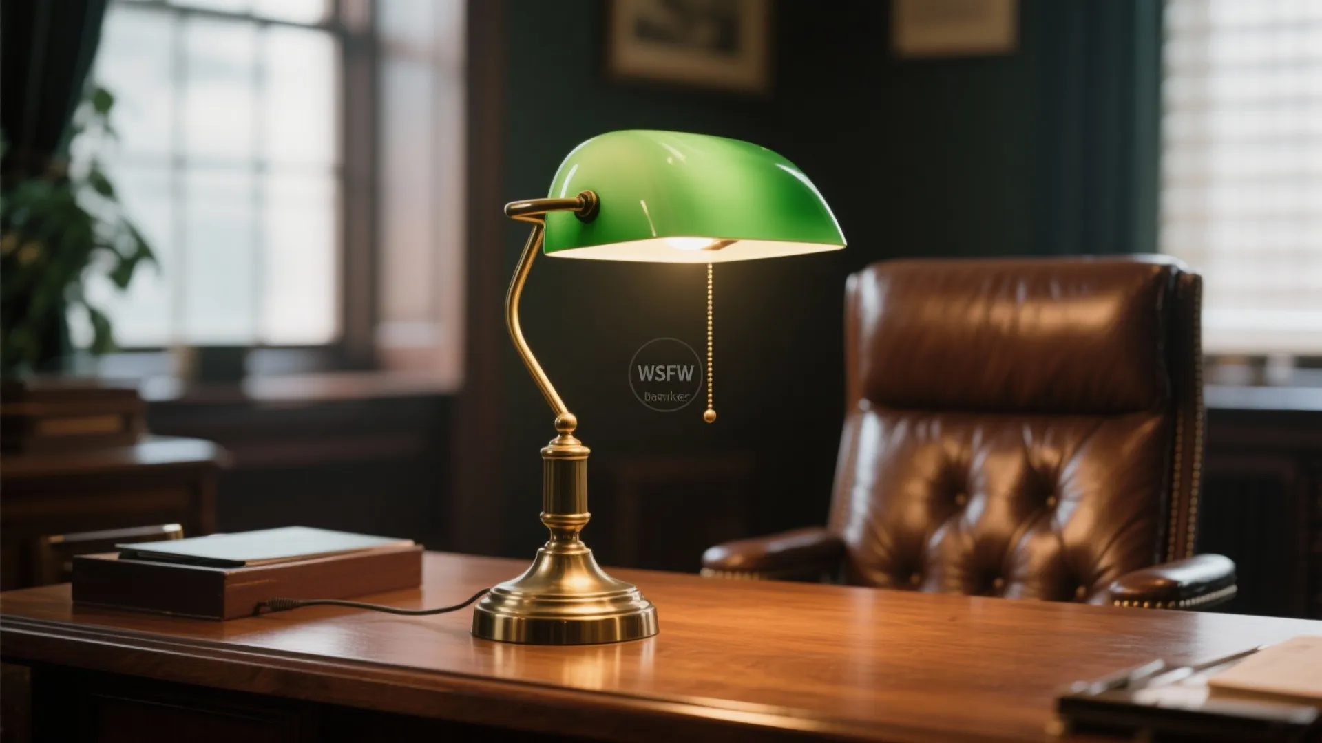 Classic green glass desk light with brass base on a wooden table in office room