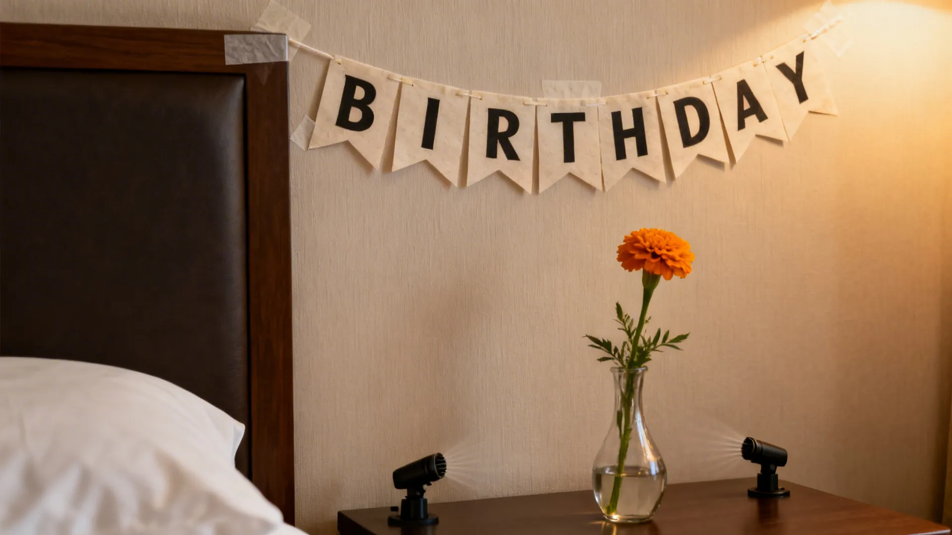 Minimal banner fixed with washi above a headboard with a single marigold bud vase.