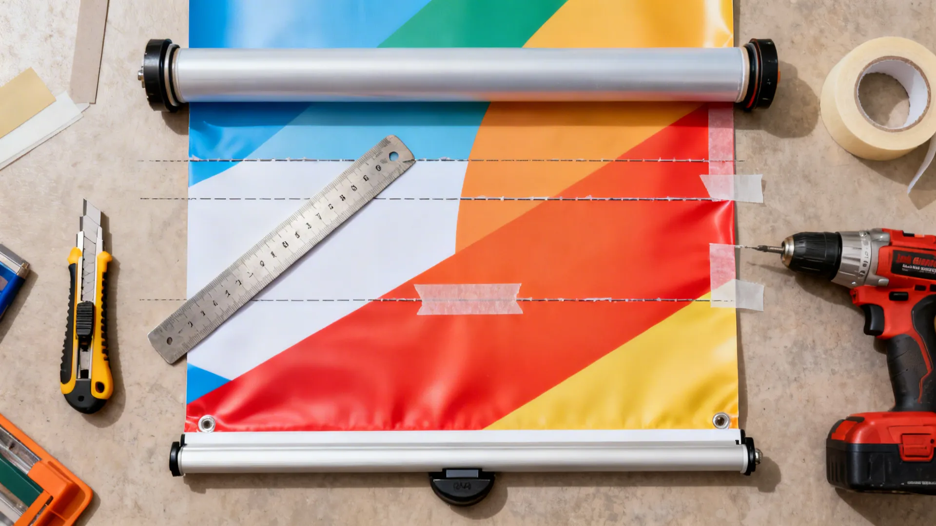 Top-down setup cutting a vinyl banner to size with tools for a roller blind.