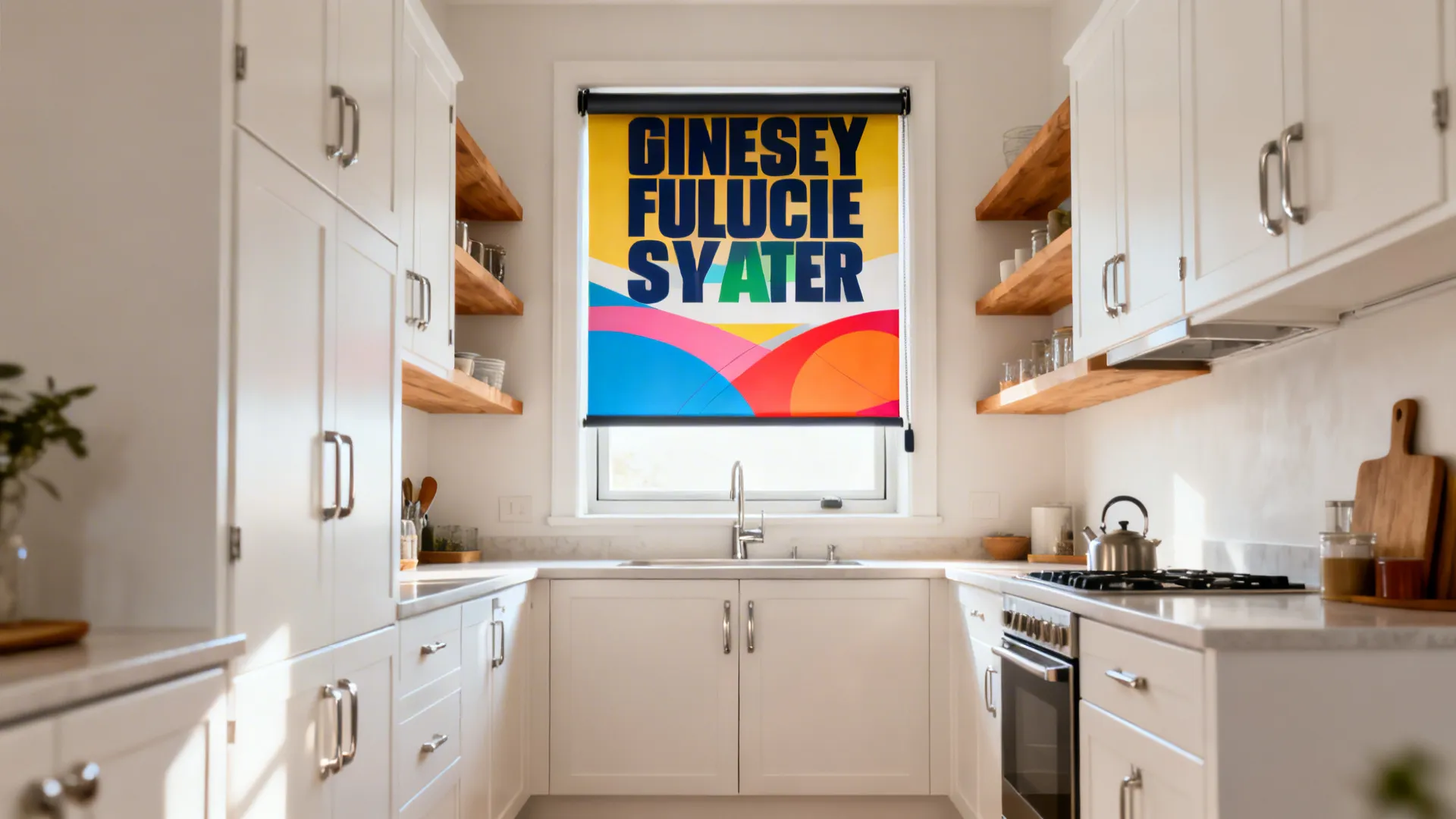 Upcycled vinyl banner roller blind with bold cropped typography in a small kitchen.