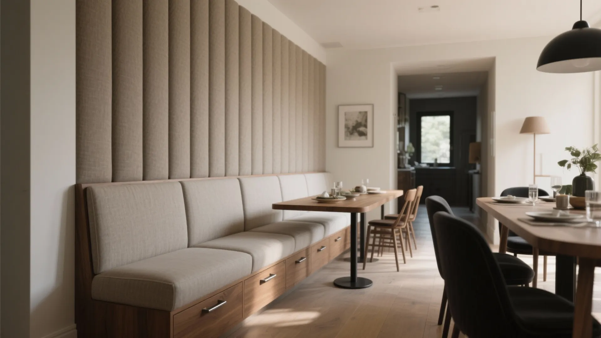 Half-height banquettes as built-in dividers