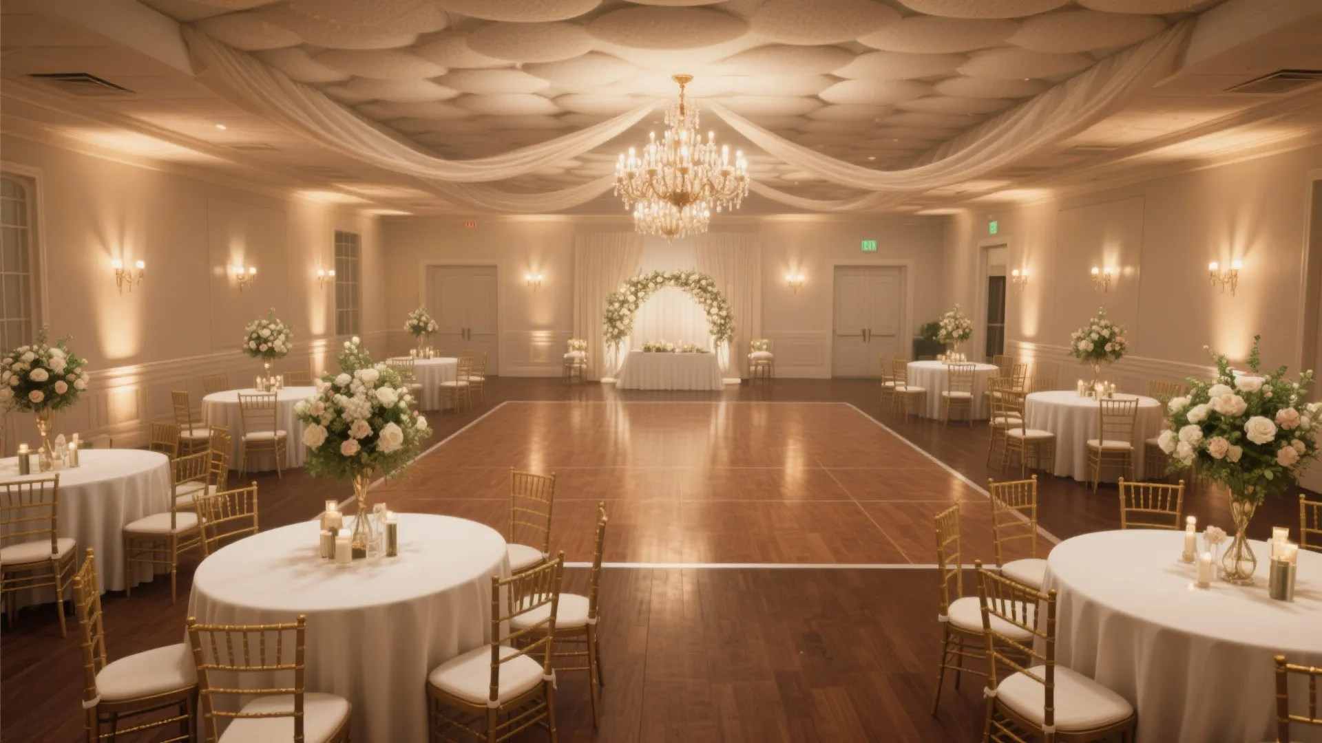 Elegant banquet hall with wooden dance floor round tables flower centerpieces and large ceiling light