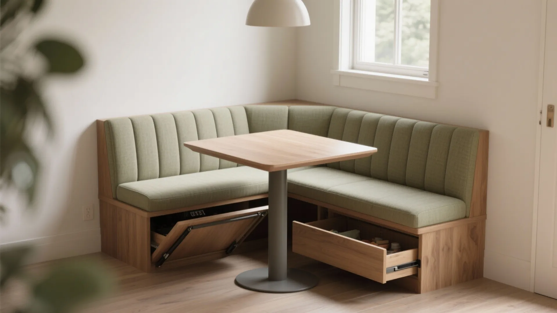 Green corner sofa with built-in storage drawers and a wooden table in a bright room