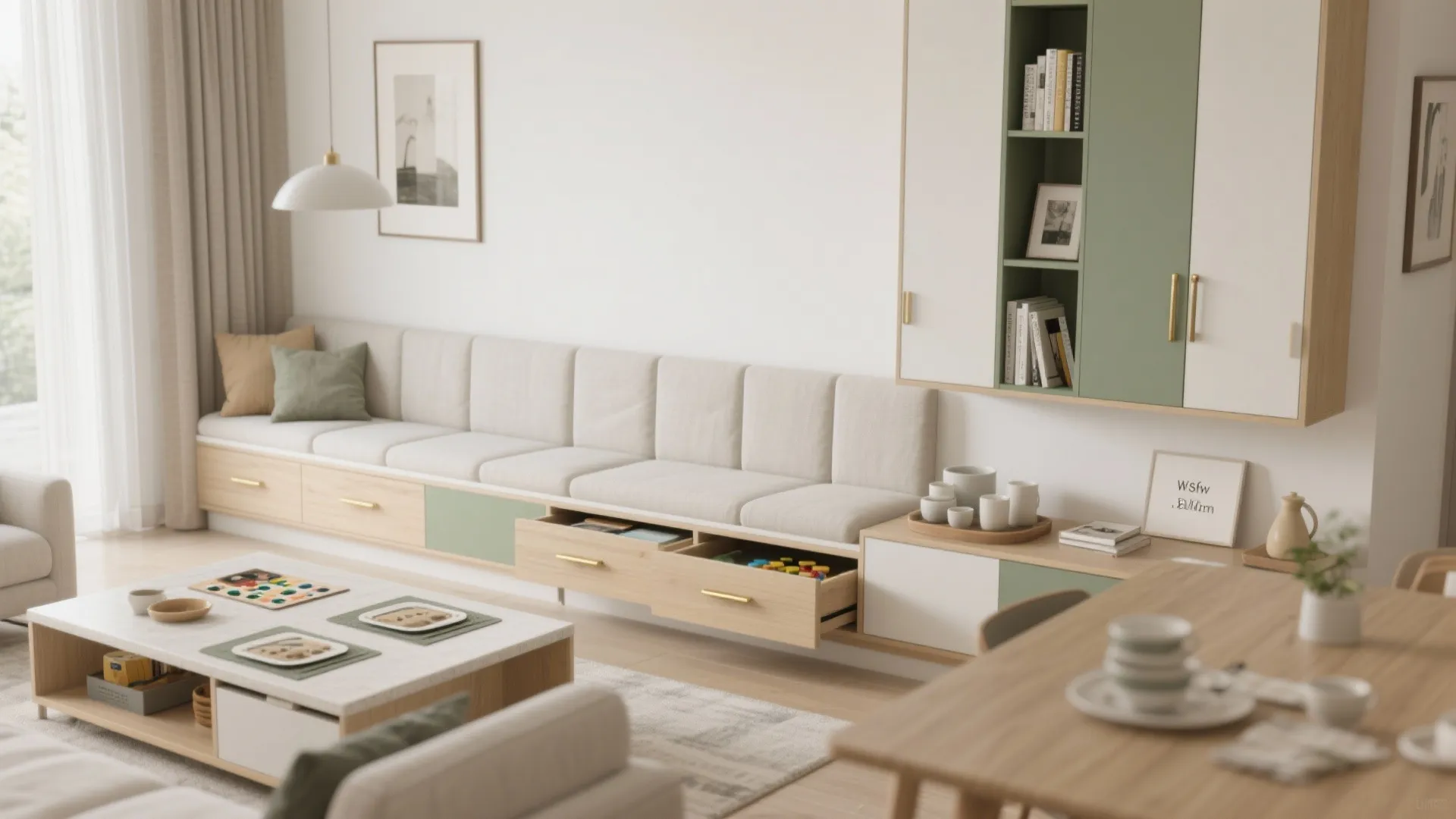 Storage-smart banquette and slimline wall units