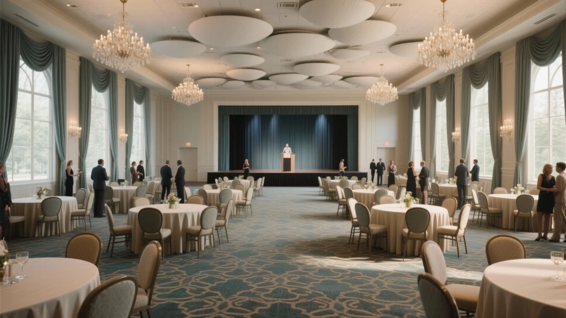 Large banquet hall with round tables, blue patterned carpet, ceiling lights, and stage with curtains