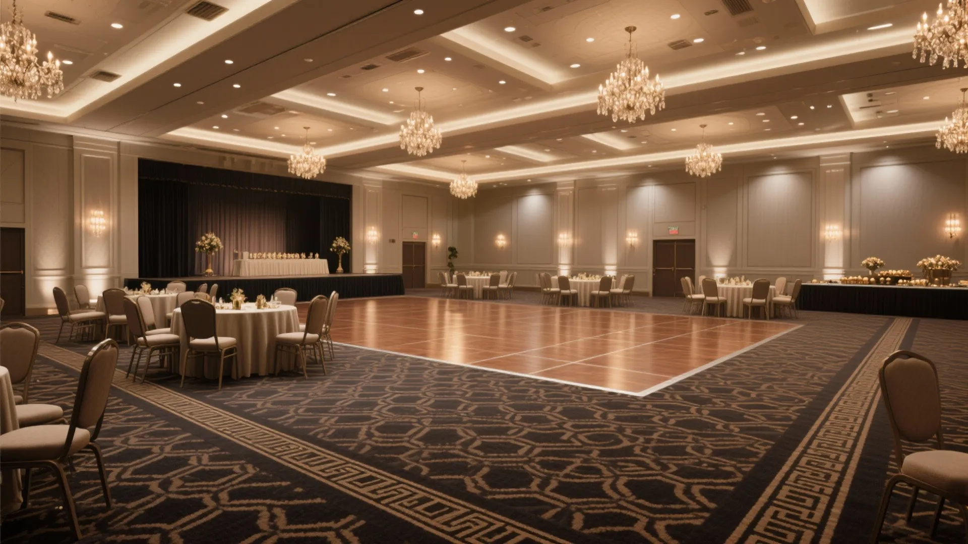 Elegant ballroom featuring patterned carpet wooden dance floor round dining tables and multiple ceiling lights