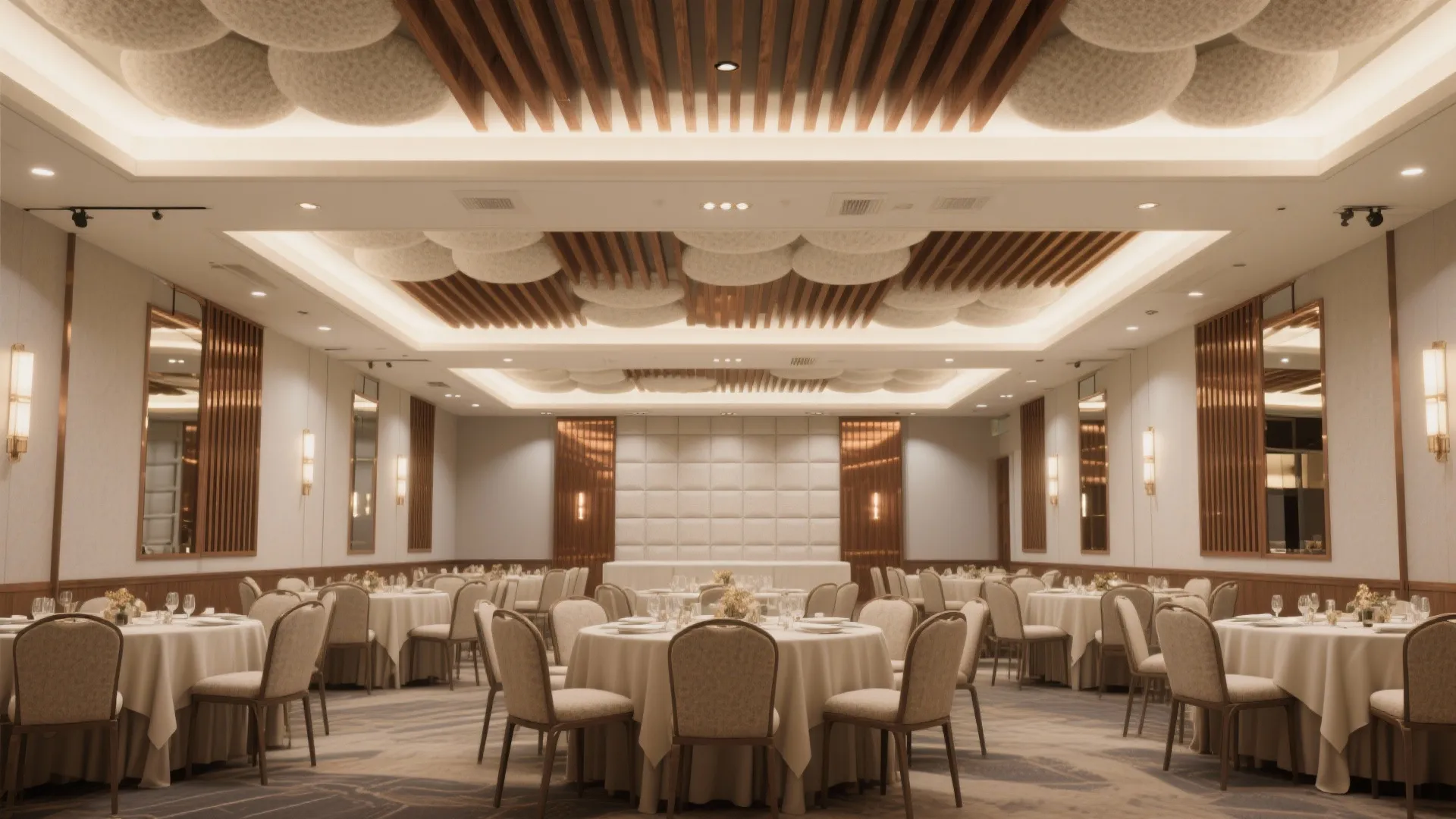 Elegant banquet hall featuring round tables with white cloths and a decorative wood slat ceiling