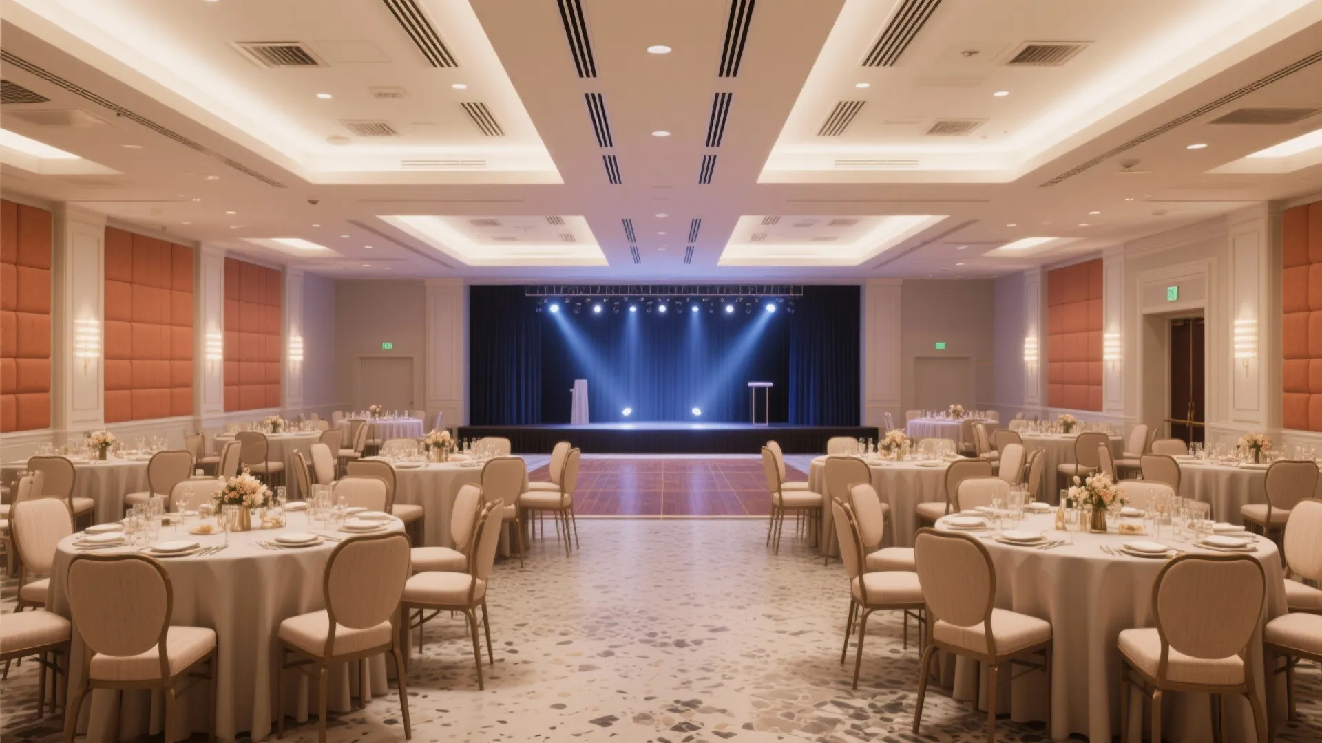 Large banquet hall with round dining tables cream chairs blue stage lighting and wall panels