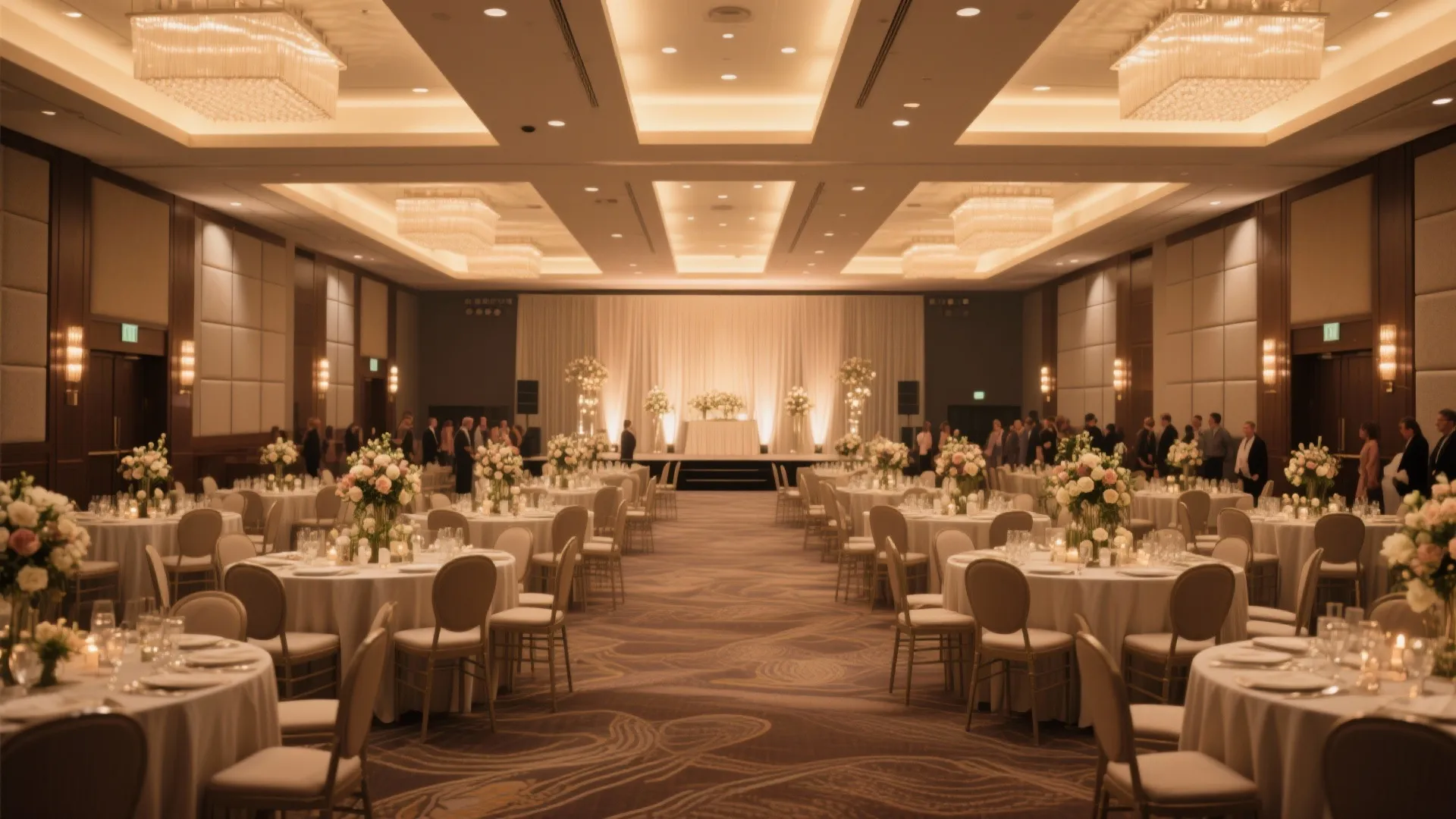 Elegant banquet hall with round dining tables, floral centerpieces, warm ceiling light, and white stage