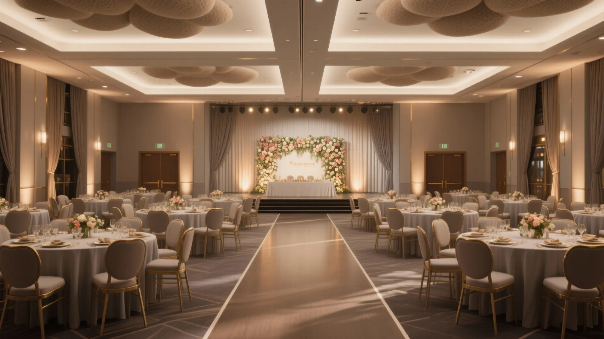Large elegant banquet hall with round tables set for dinner and a flower decorated stage