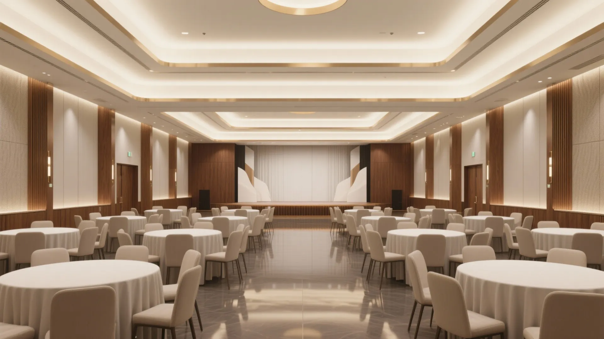 Large banquet hall with round dining tables white chairs wood wall panels and warm lighting