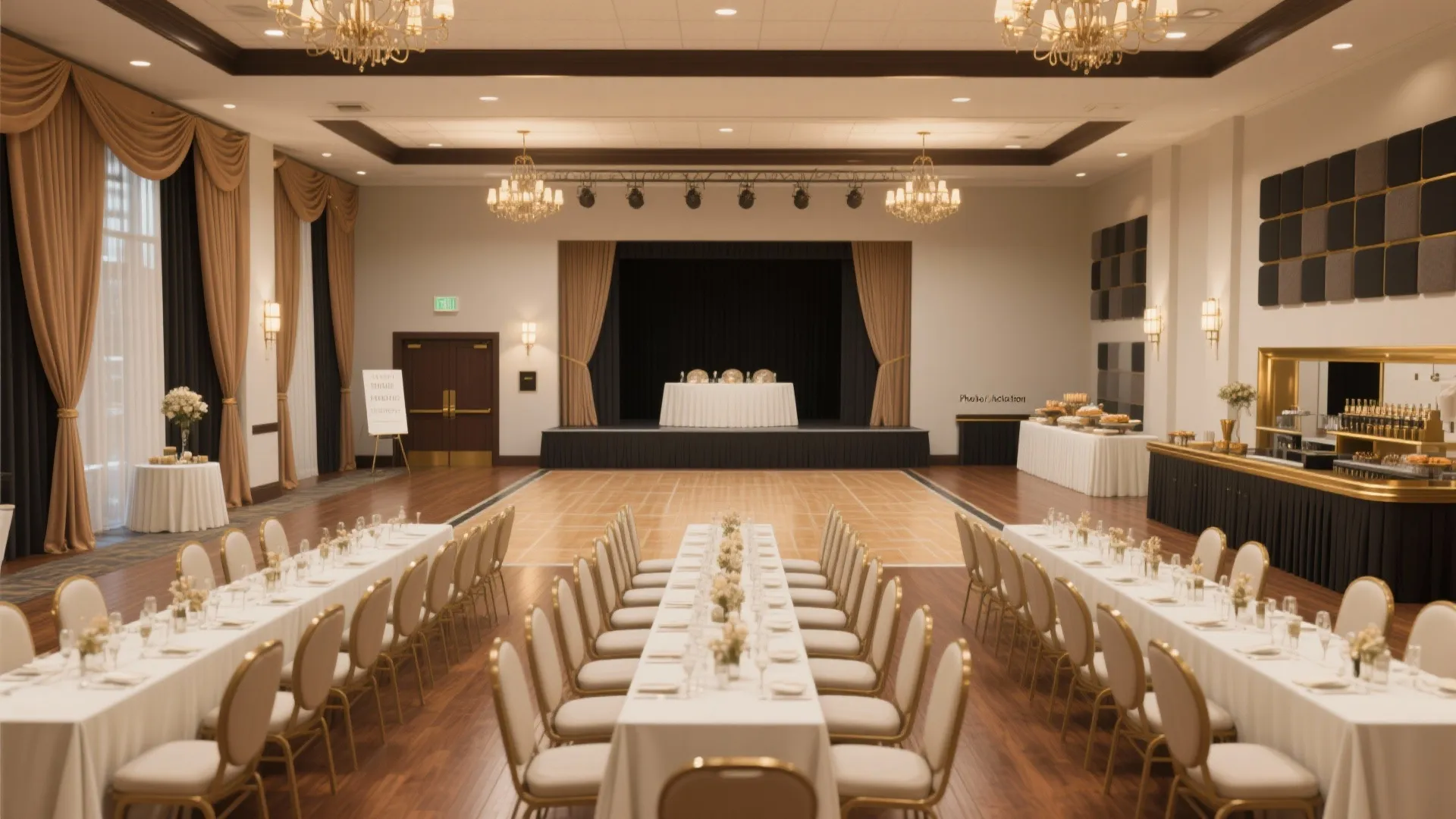 Event space featuring long dining tables with white linens golden chairs dance floor and ceiling lights