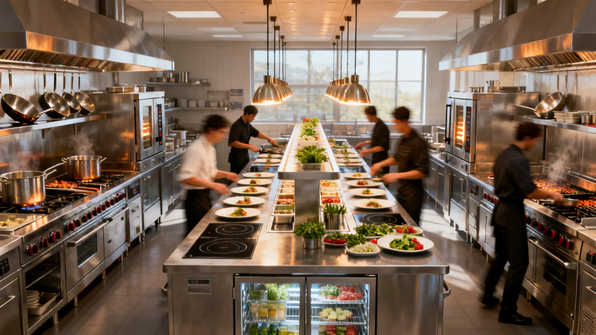 Busy restaurant kitchen with chefs preparing food on long stainless steel tables under hanging lights