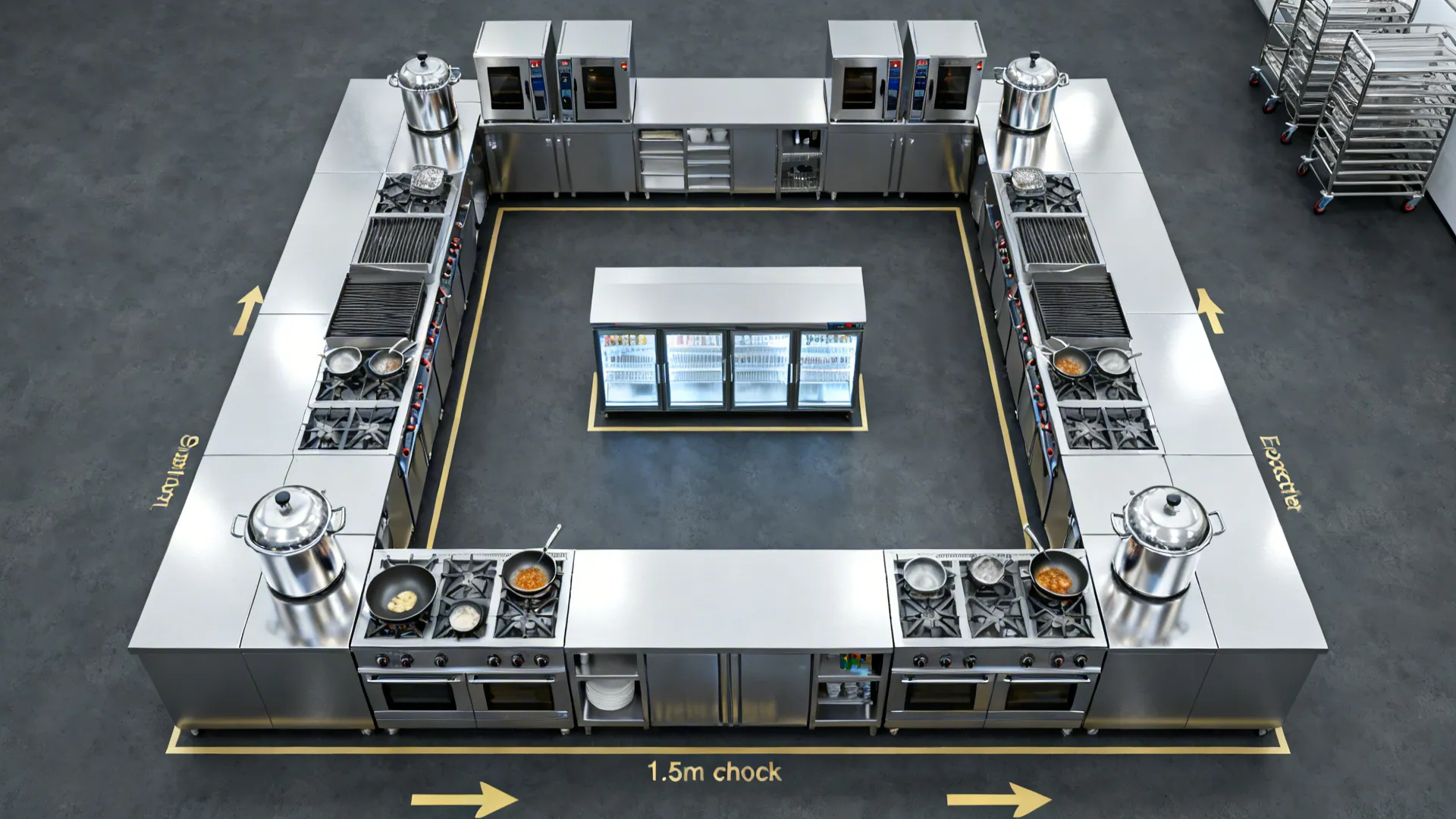 Professional kitchen layout with stainless steel stoves and ovens arranged in a large square shape