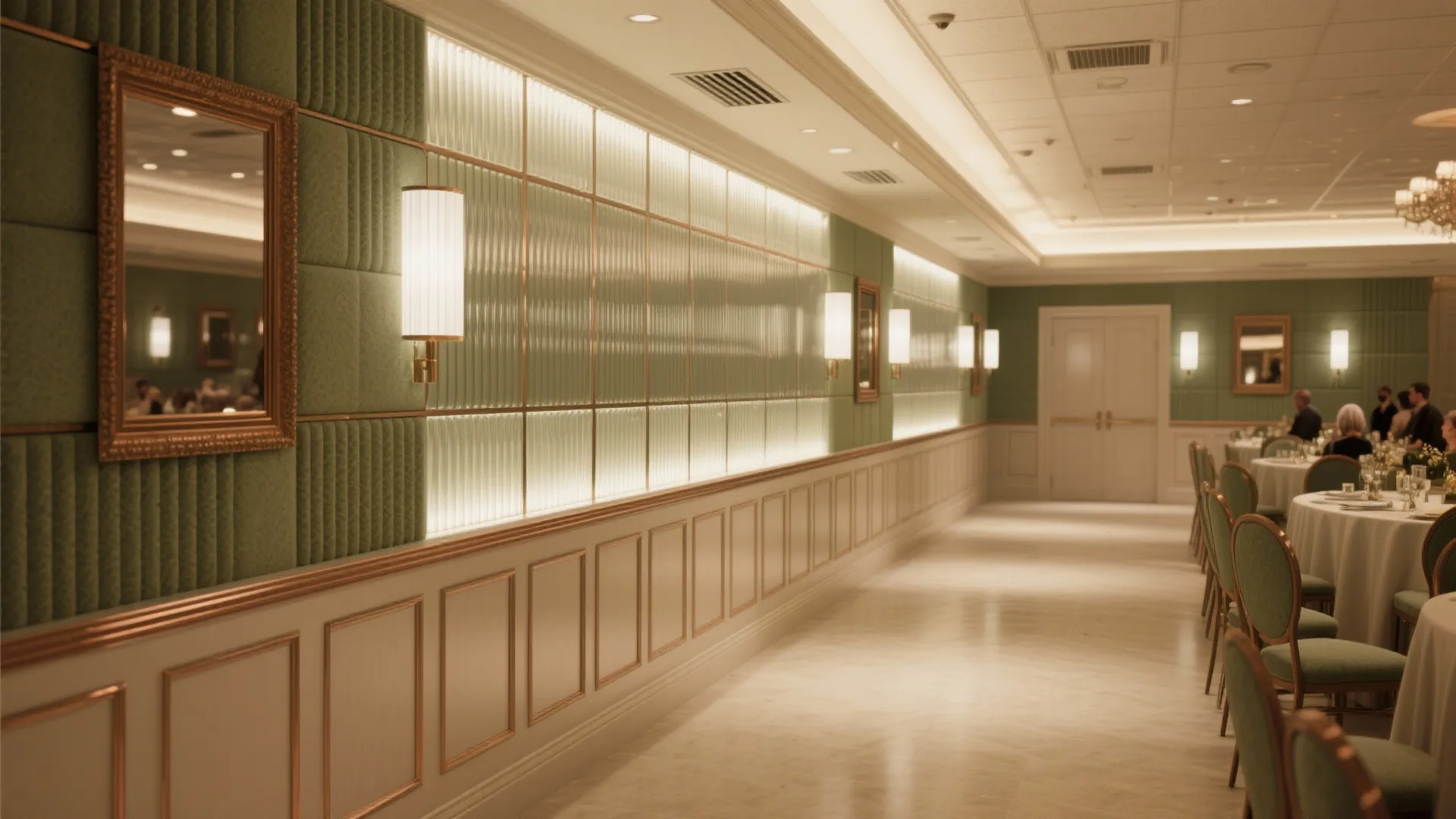 Elegant dining room featuring green wall panels fluted glass sections wall lights and white tables