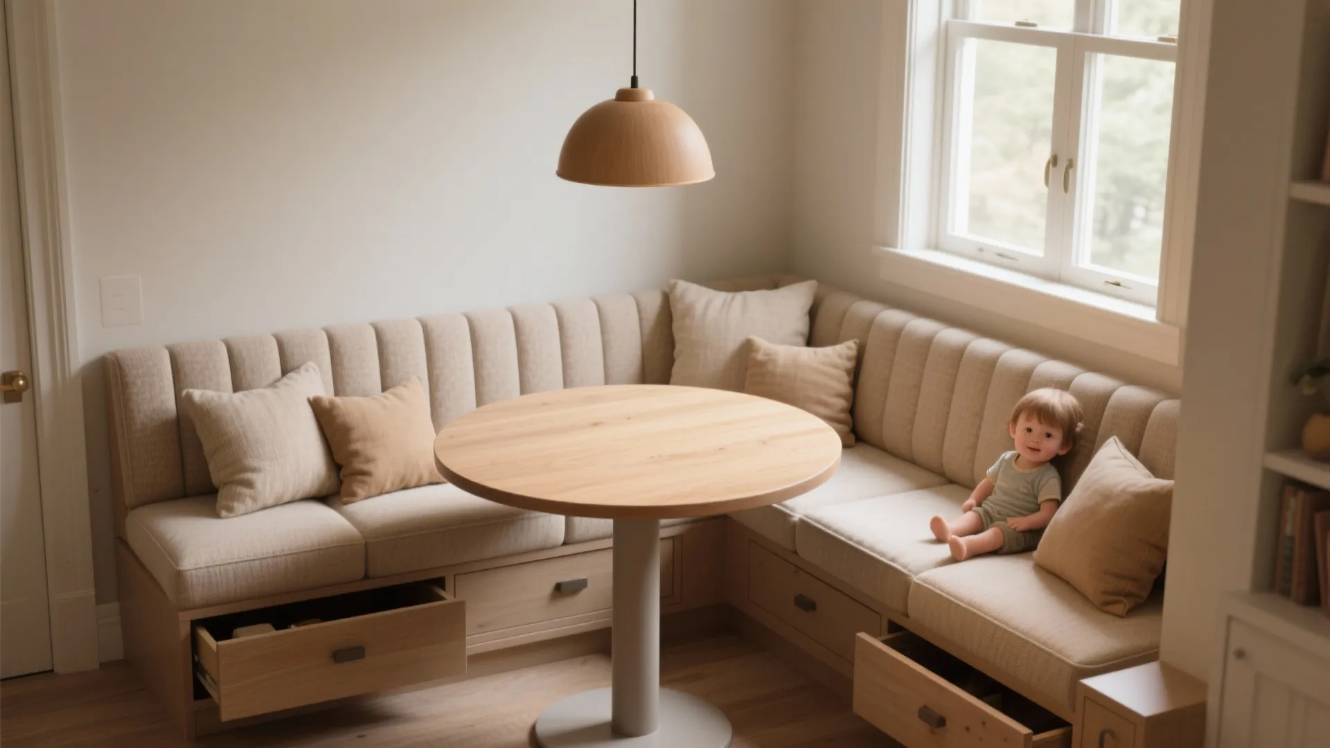 Built-in corner bench with storage drawers round wooden table ceiling light and a small child