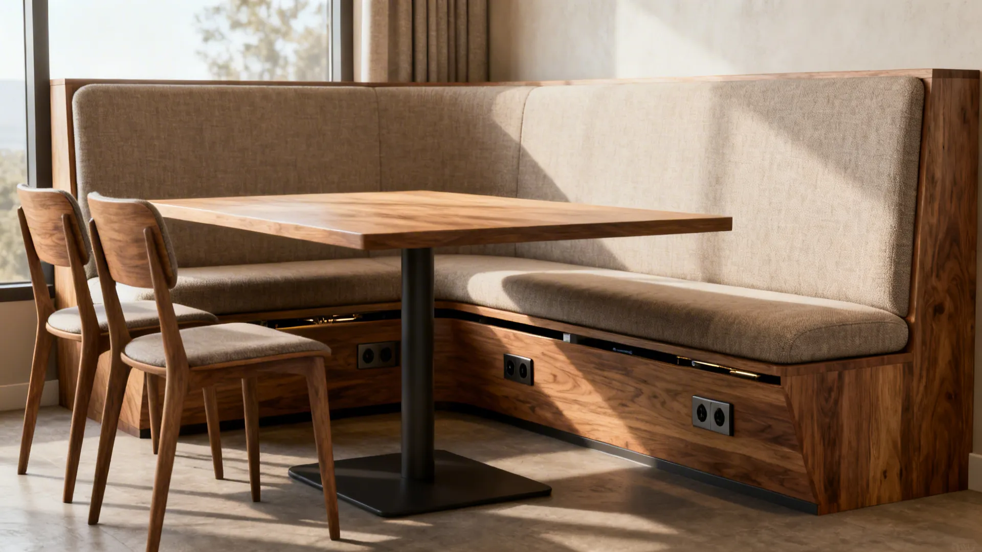 Dining nook with built-in banquette, 80×40 in table, and reclaimed circulation space.