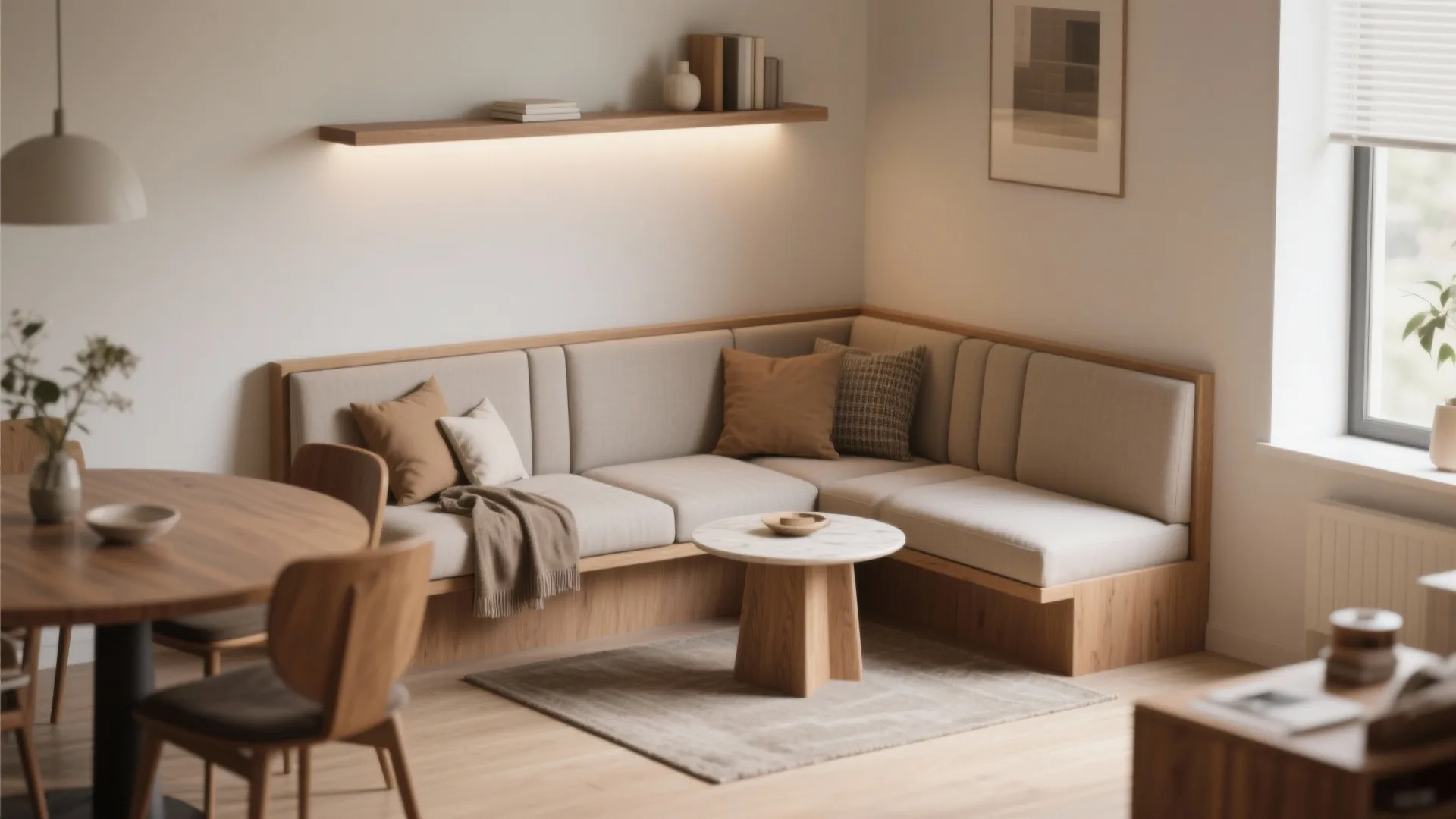 Tip 4: Try a banquette or bench-loveseat along a wall