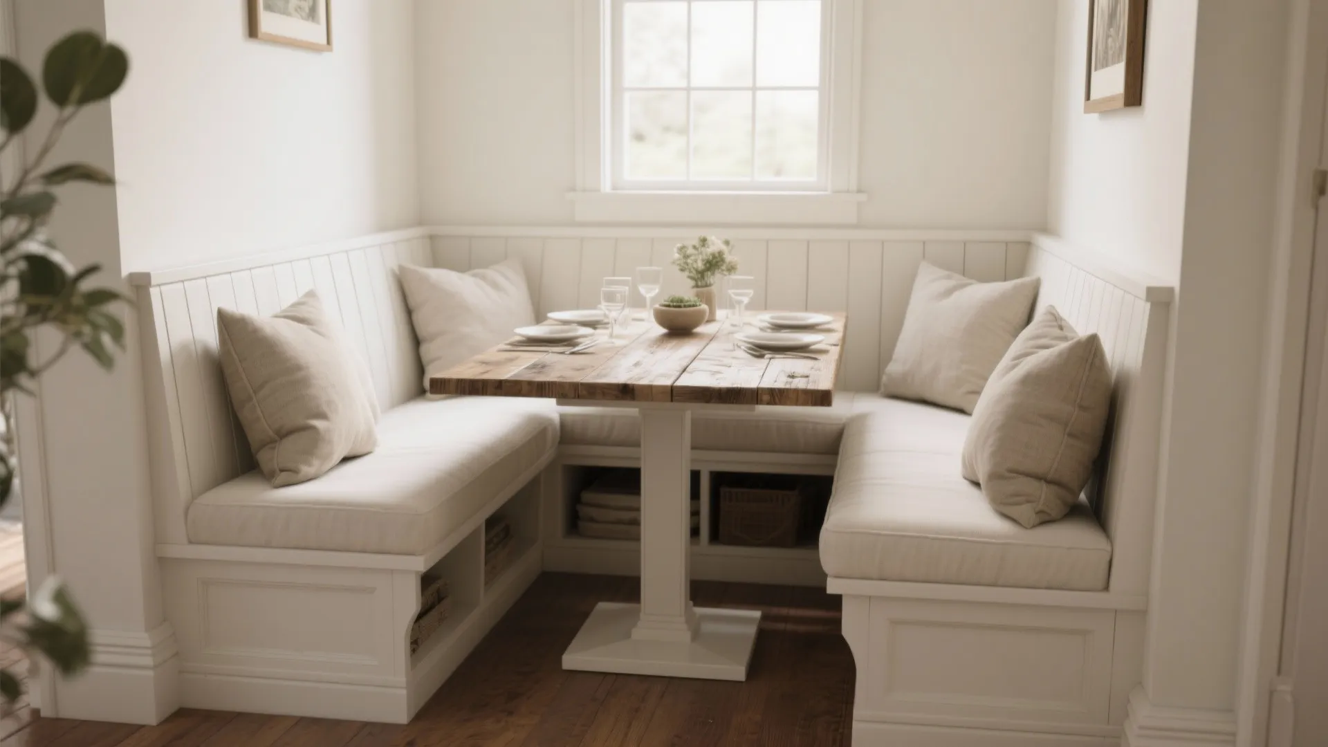 Rectangular wood dining table with white bench seating and wall panel design under large window