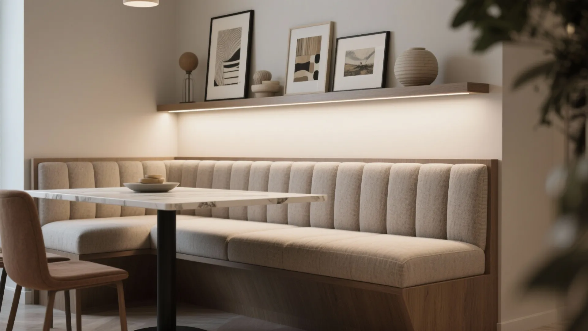 Modern dining nook with long beige sofa marble table wooden shelf with art and light