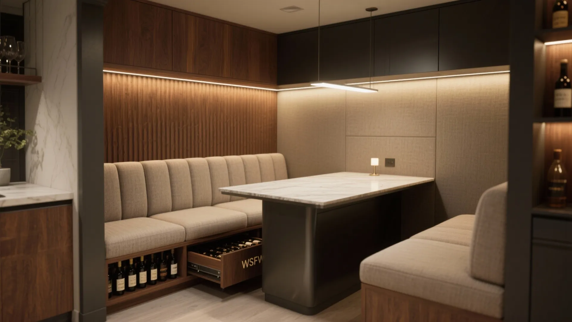 Built-in banquette with under-seat bottle storage and a small pull-out counter in a cozy nook
