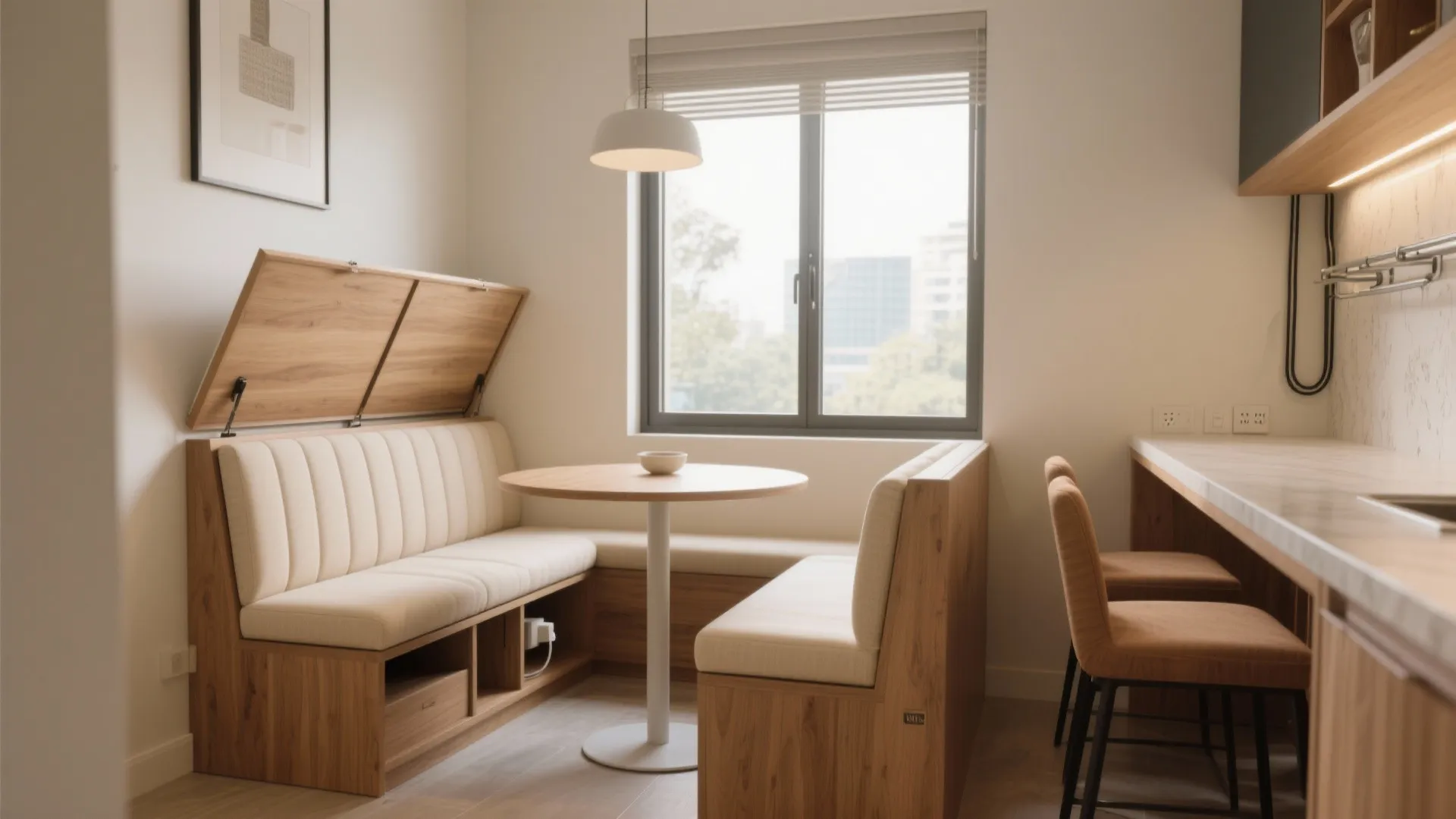 Dual-duty dining: bench, bay, and bar