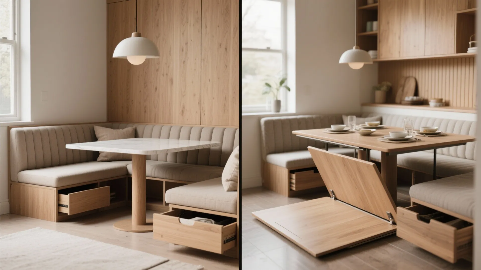 Comparison showing dining nook with beige bench seating storage drawers marble table and ceiling light