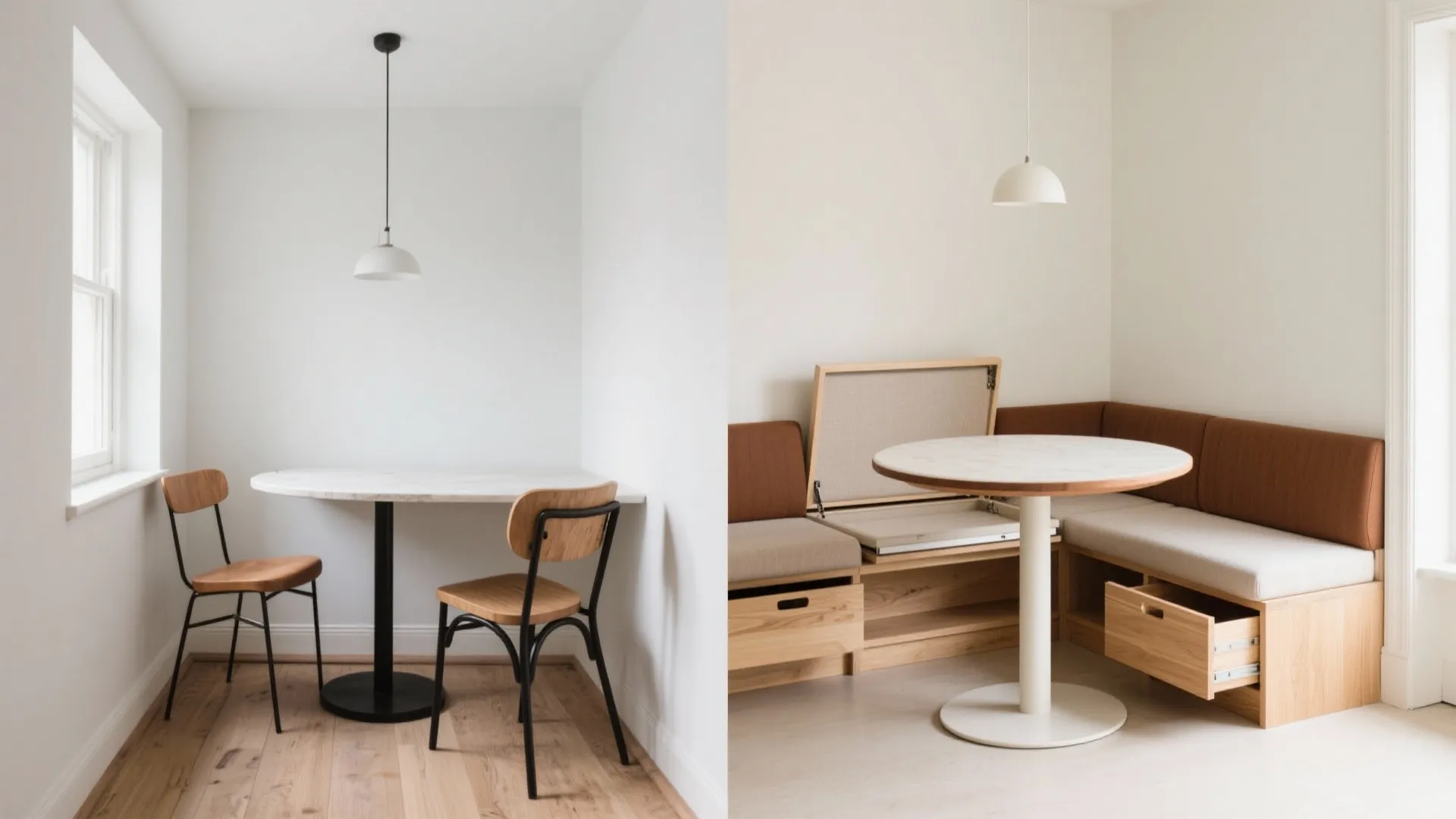 Before and after comparison of a simple dining corner versus a custom storage seating area