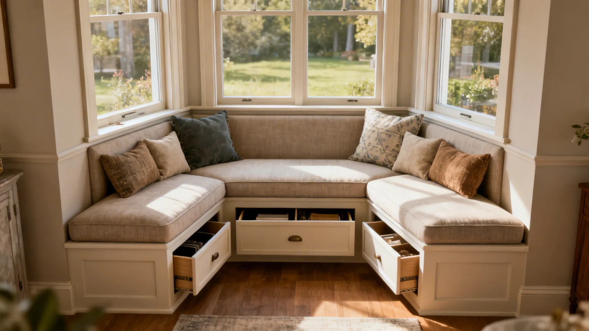 Before and after of a bay converted into a built-in banquette with storage and cushions