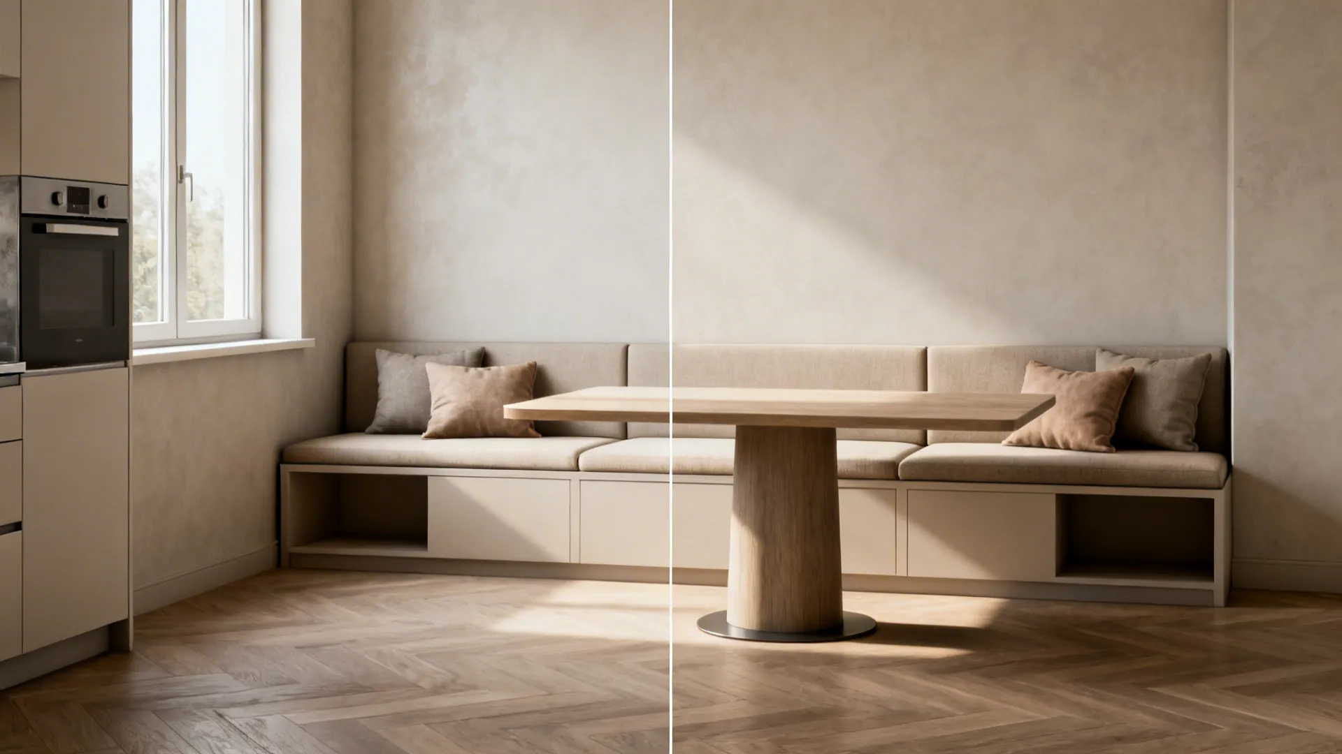 Before-and-after of a narrow kitchen wall transformed into a window banquette with a pedestal table.