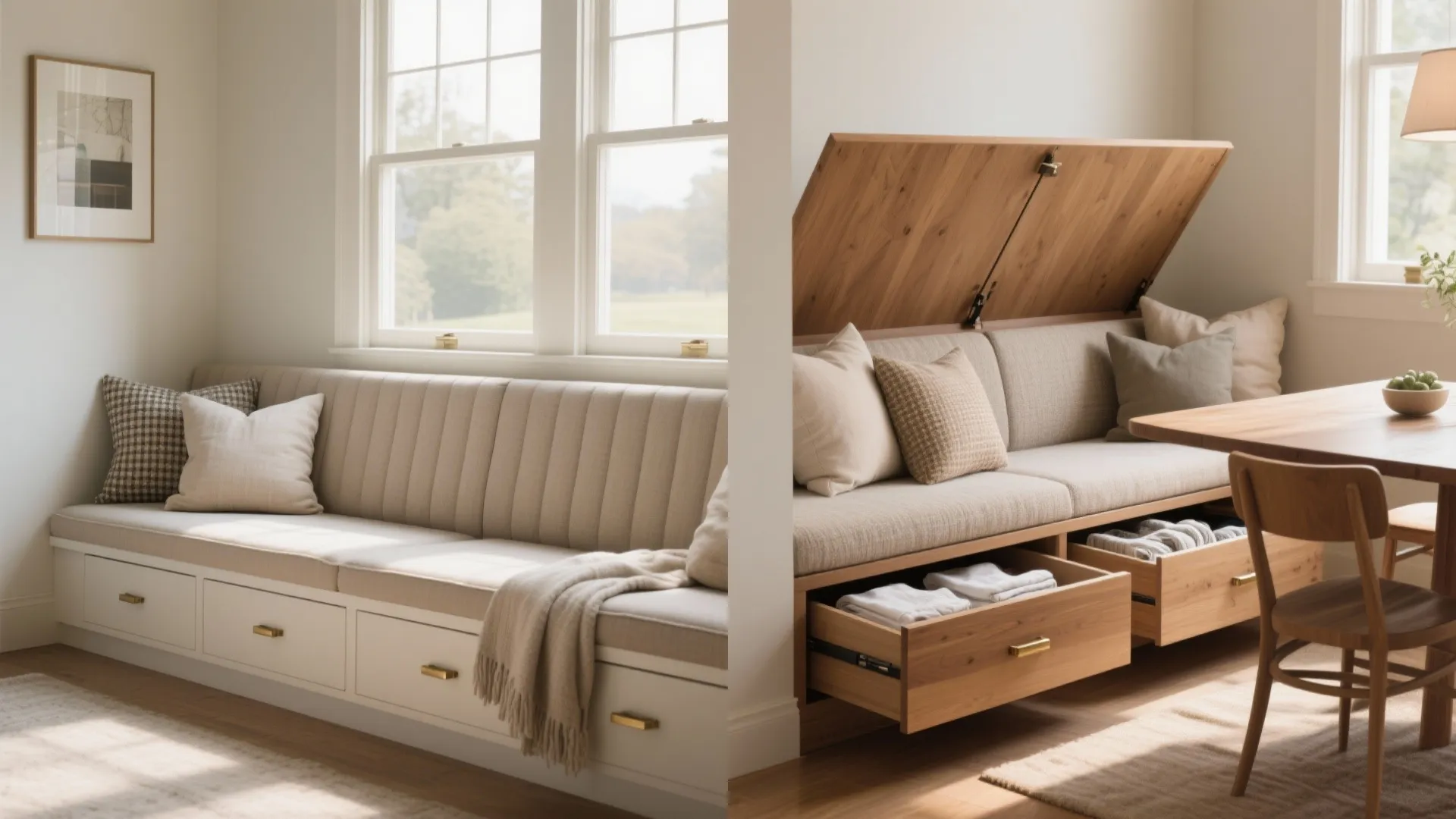 Before and after view of a window bench with storage drawers and hidden seat compartment