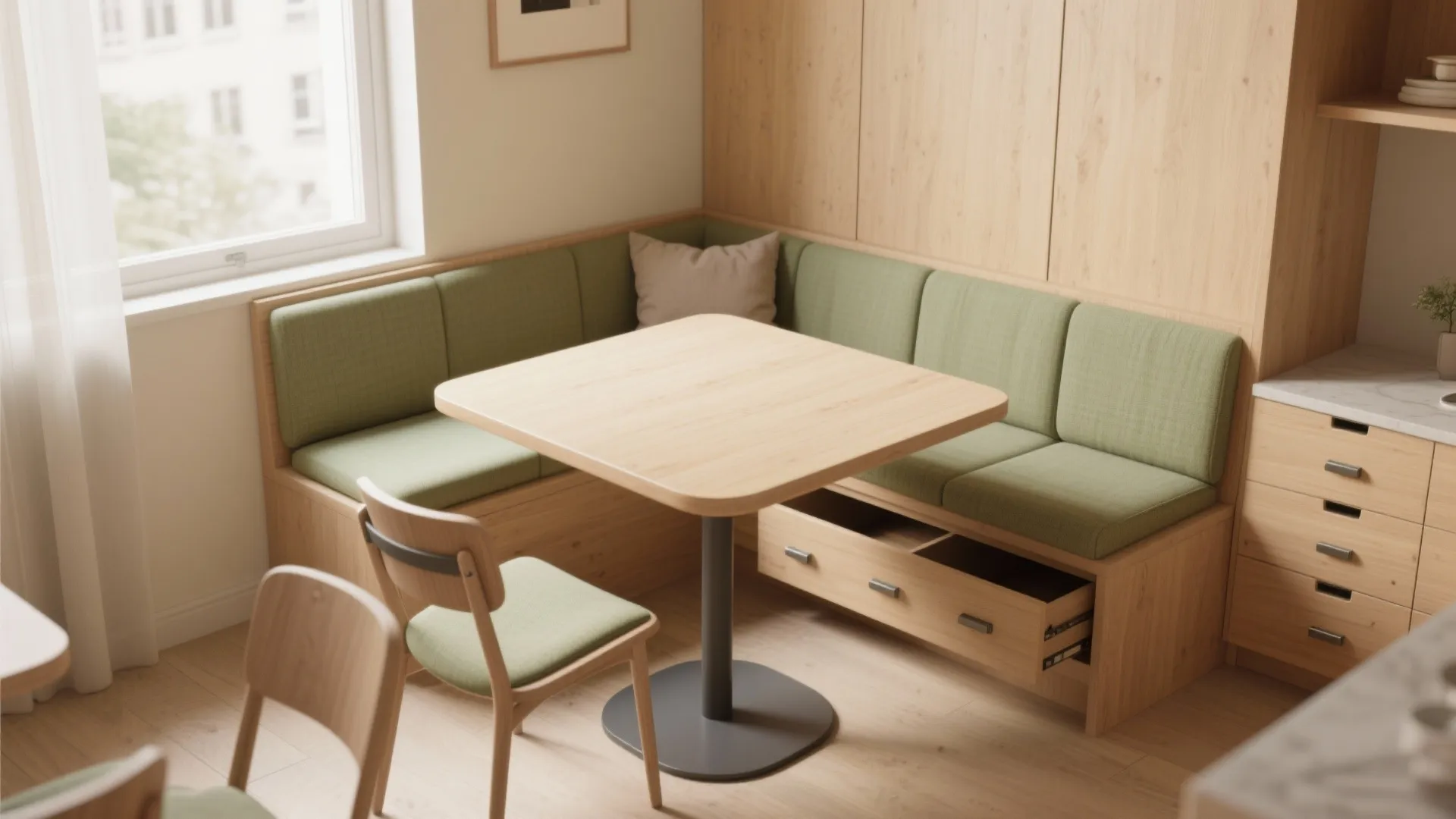 Wooden dining nook with green seat cushions built in drawers a square table and wood cabinets