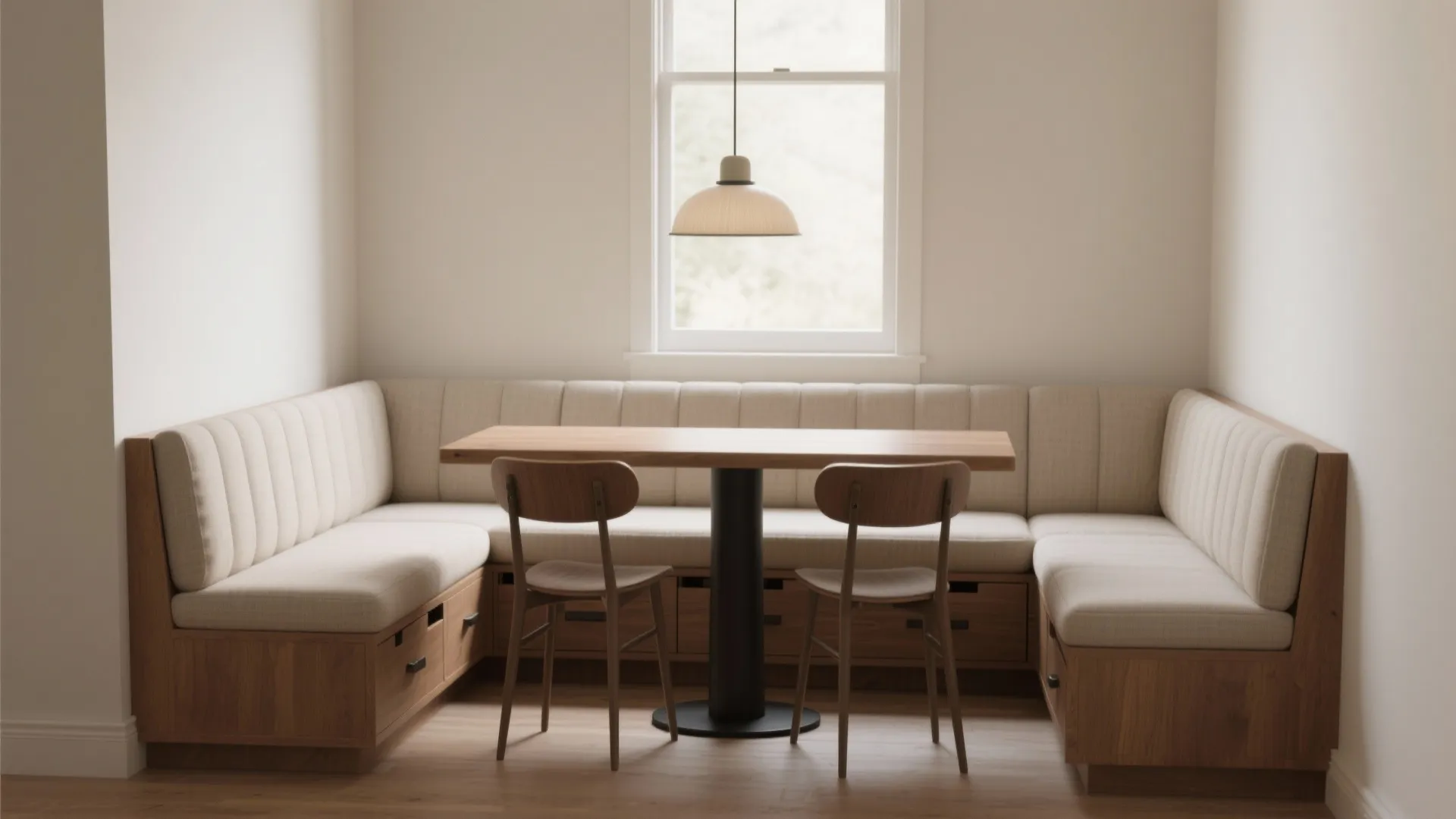 1. Banquette bench with a slim rectangular table