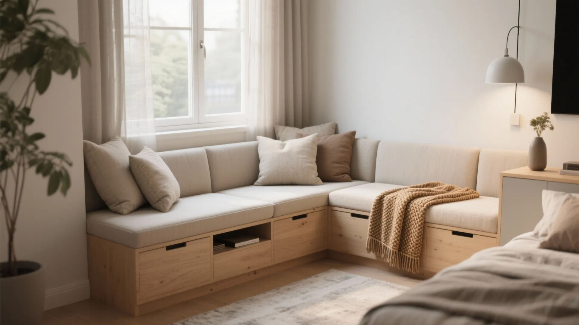 1. Built-in bench by the window (banquette seating)