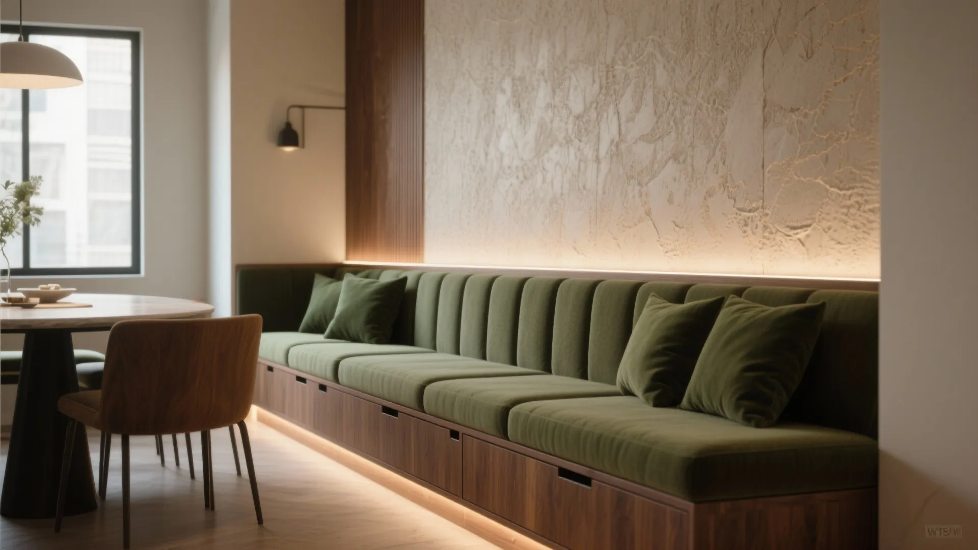 Built-in banquette bench with storage and tailored upholstery against a feature wall in a compact dining area.