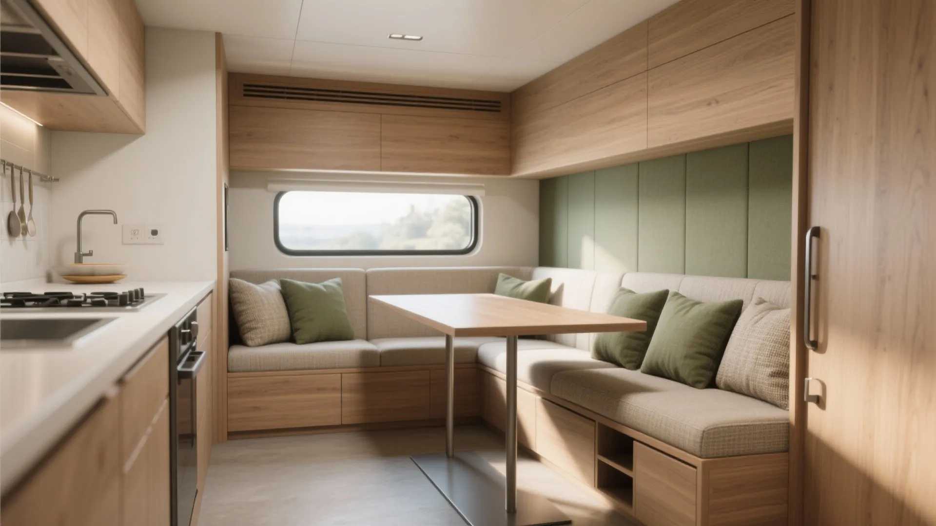 3. Banquette bench plus a slim table