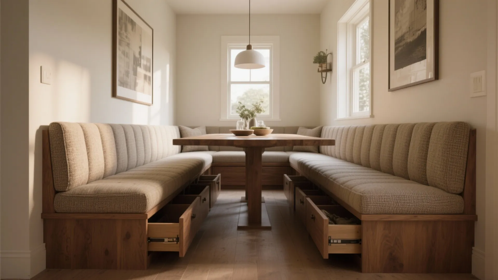 Wooden U-shaped dining bench with grey cushions and open storage drawers around a sturdy table