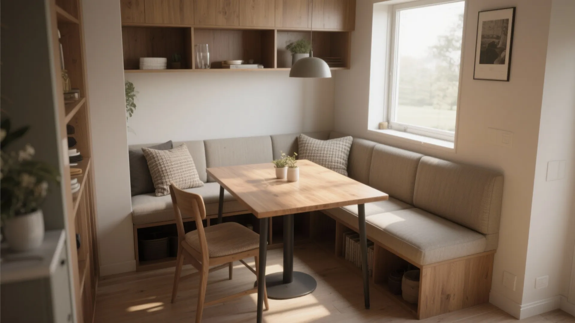 Cozy dining area with wooden table corner sofa seating pillows wall light and large bright window