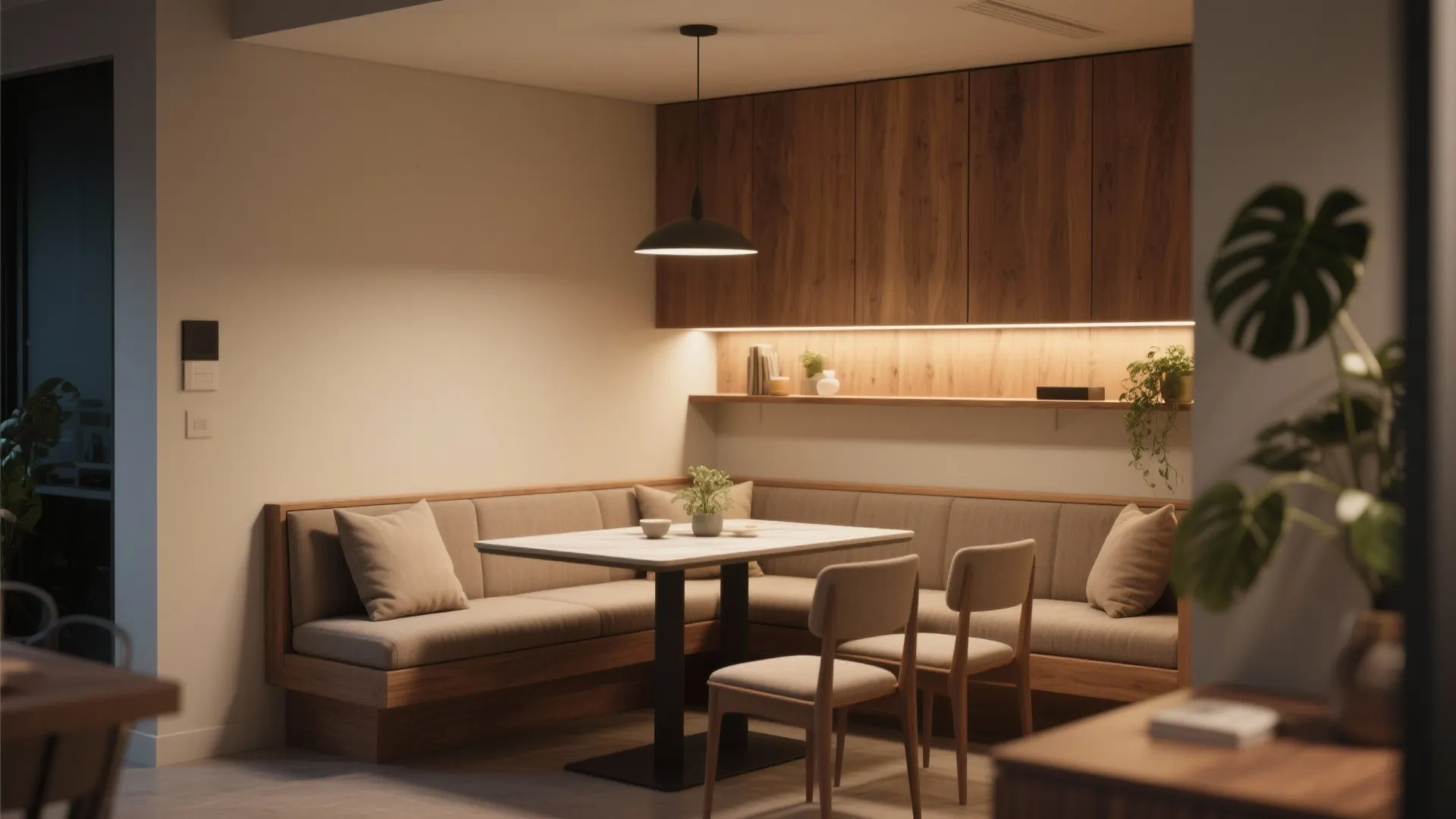 Built in corner bench seating with dining table two chairs and warm wooden wall cabinets